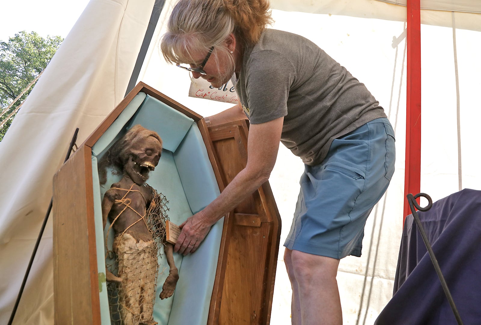 Susan Scites sets up what is supposed to be a dead mermaid in her tent called Curiosities of Natural Wonders Thursday, September 1, 2022 as she gets ready for the Fair at New Boston at George Rogers Clark Park. BILL LACKEY/STAFF