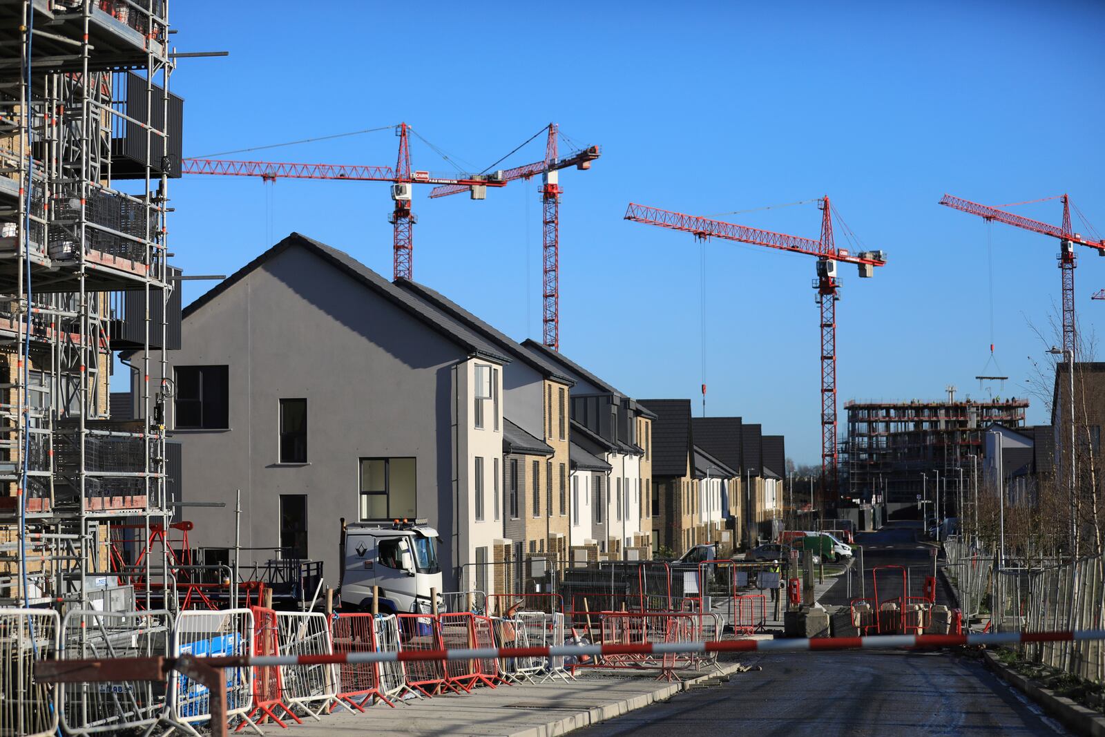 Construction work on building new houses in Clonburris, South Dublin, Ireland, Tuesday, Nov. 26, 2024, ahead of Ireland's election on Friday. (AP Photo/Peter Morrison)