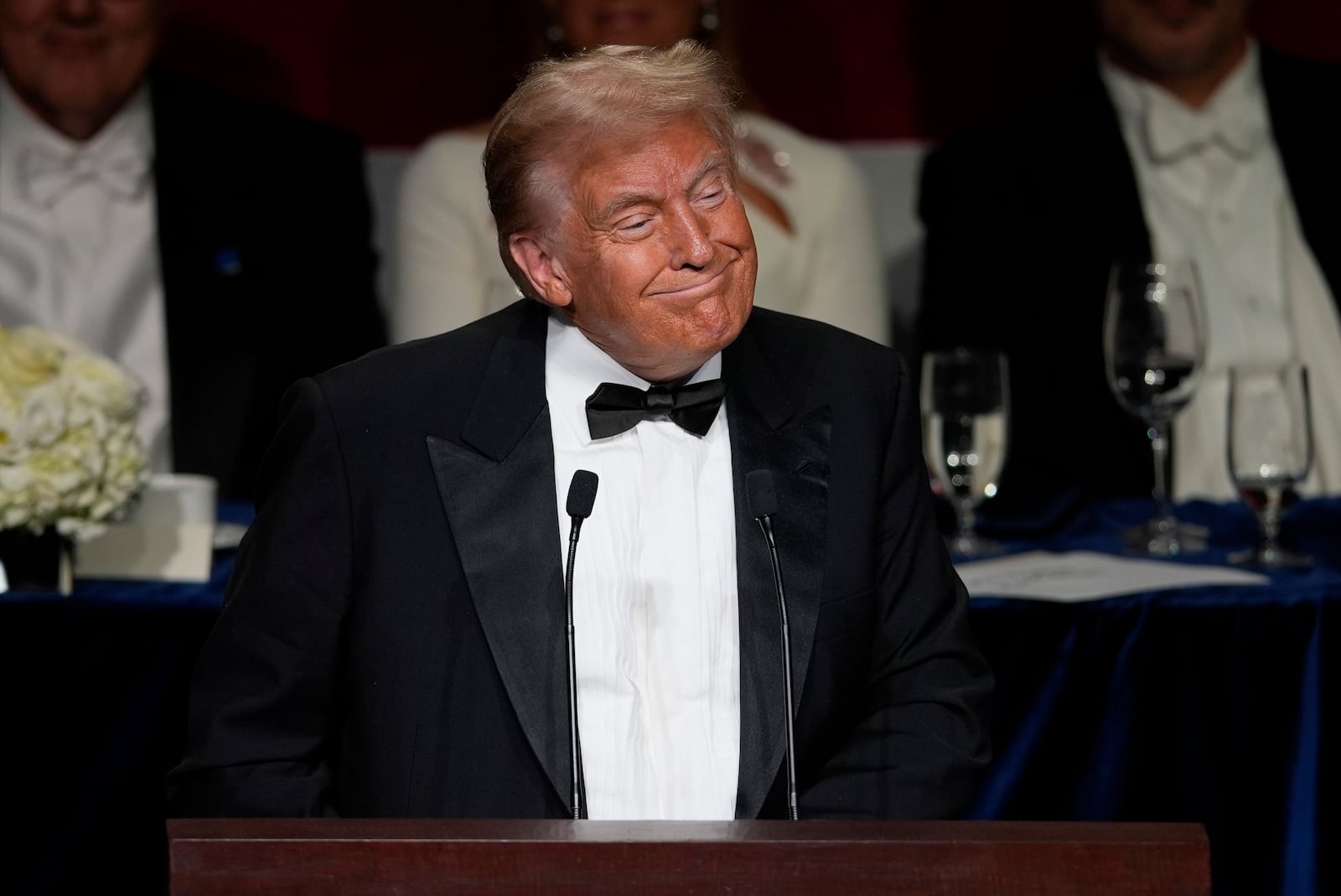 Republican presidential nominee former President Donald Trump speaks at the 79th annual Alfred E. Smith Memorial Foundation Dinner, Thursday, Oct. 17, 2024, in New York. (AP Photo/Julia Demaree Nikhinson)