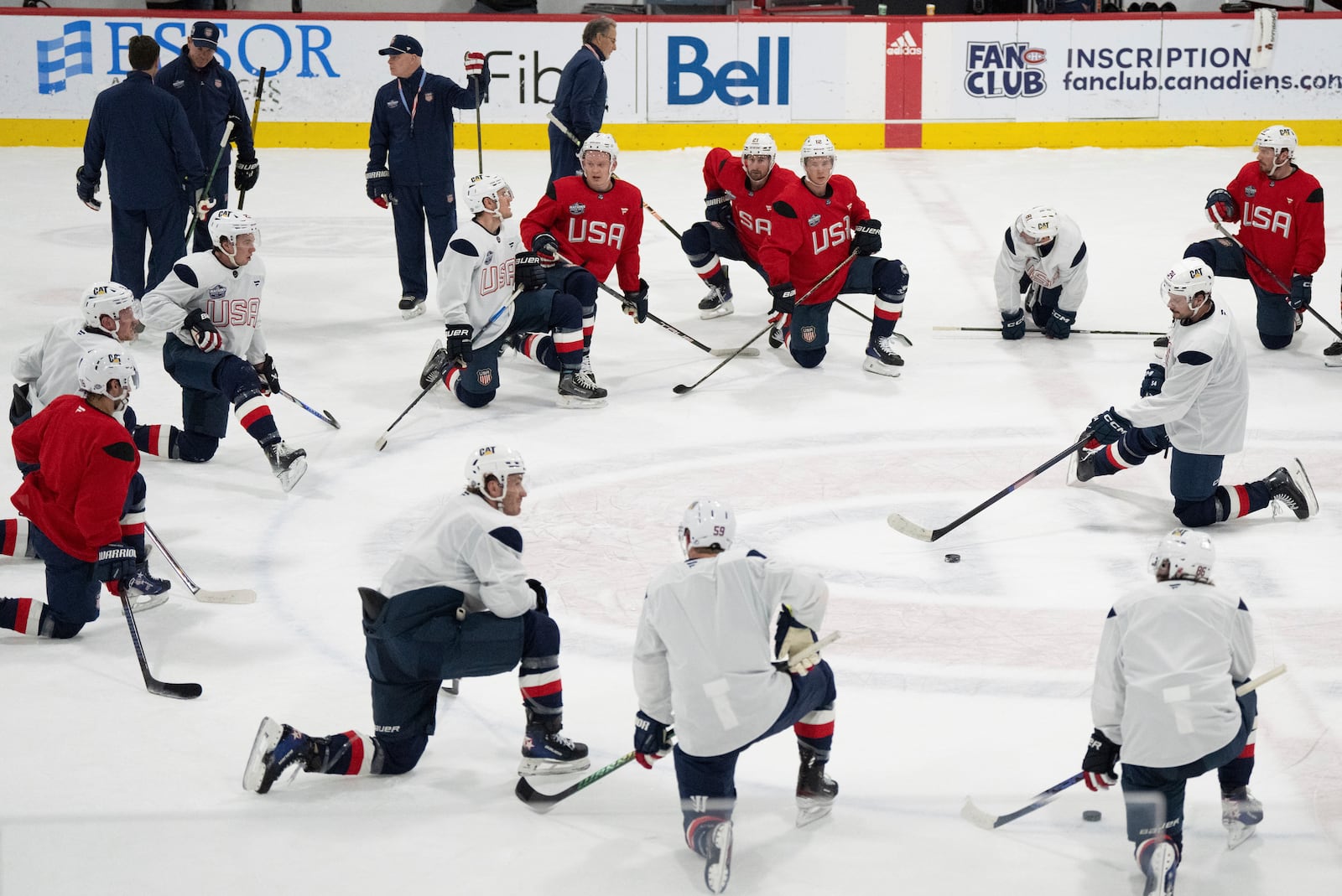 United States Austin Matthews and teammates take part in a 4 Nations Face-Off hockey practice in Brossard, Quebec, on Monday, Feb. 10, 2025. (Christinne Muschi/The Canadian Press via AP)