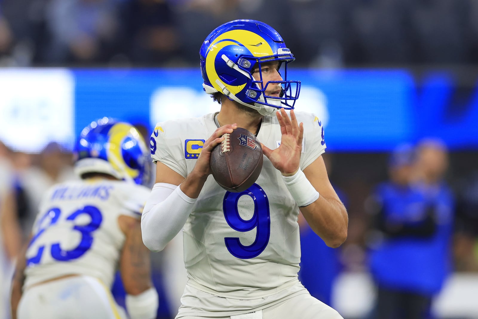 Los Angeles Rams quarterback Matthew Stafford (9) looks to pass during the first half of an NFL football game against the Minnesota Vikings, Thursday, Oct. 24, 2024, in Inglewood, Calif. (AP Photo/Ryan Sun)