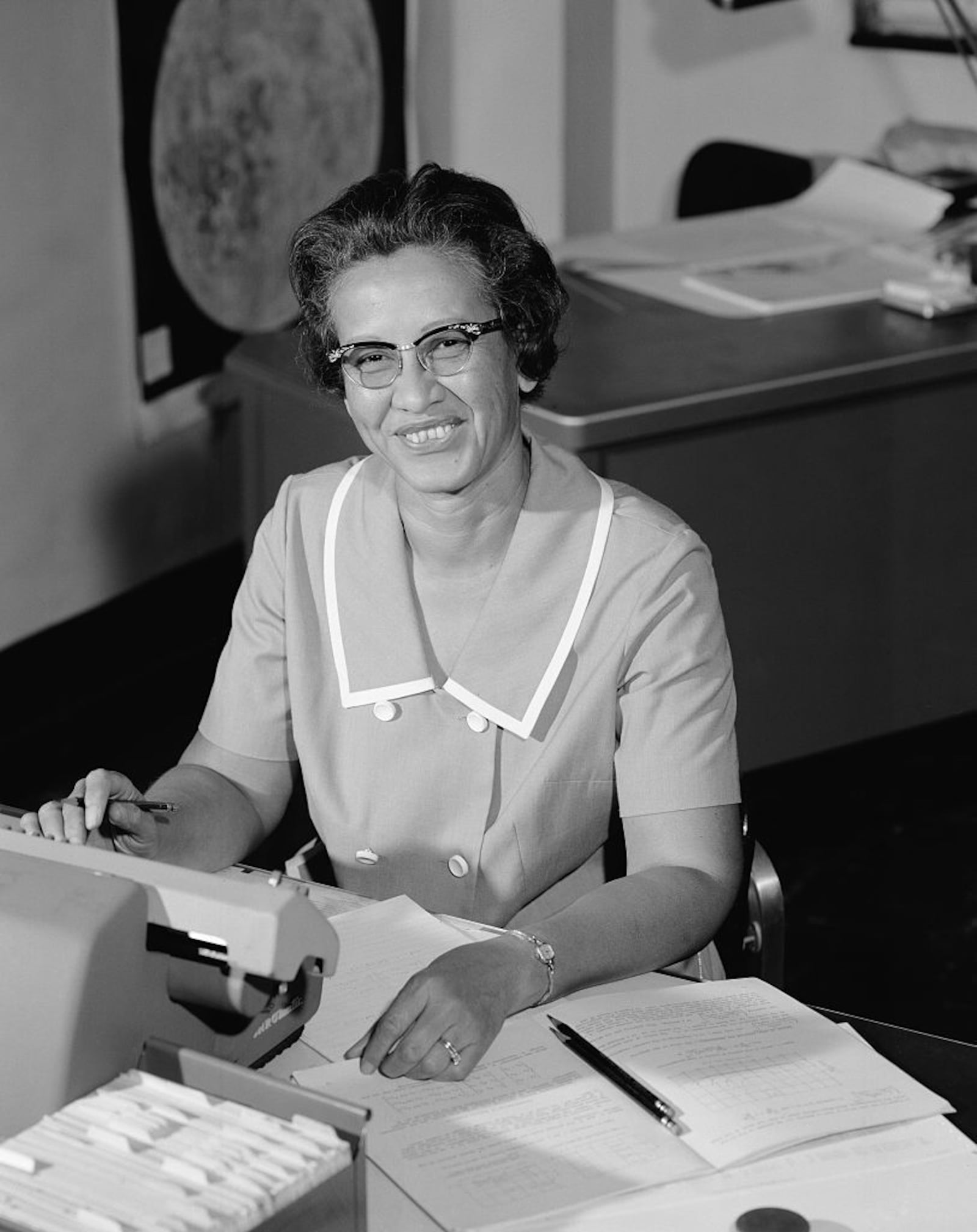 FILE PHOTO: NASA space scientist, and mathematician Katherine Johnson poses for a portrait at work at NASA Langley Research Center in 1966 in Hampton, Virginia.