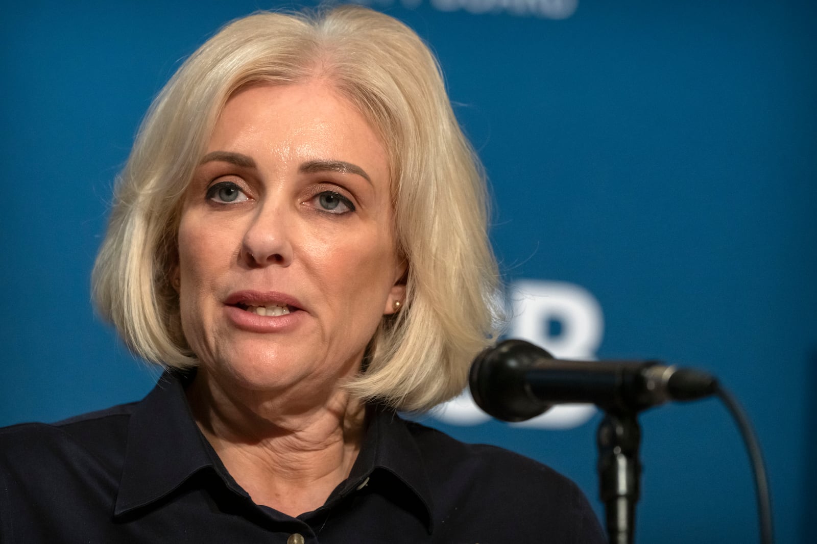 National Transportation Safety Board Chair Jennifer Homendy speaks during a news conference at NTSB headquarters Friday, Feb. 14, 2025, in Washington. (AP Photo/Mark Schiefelbein)