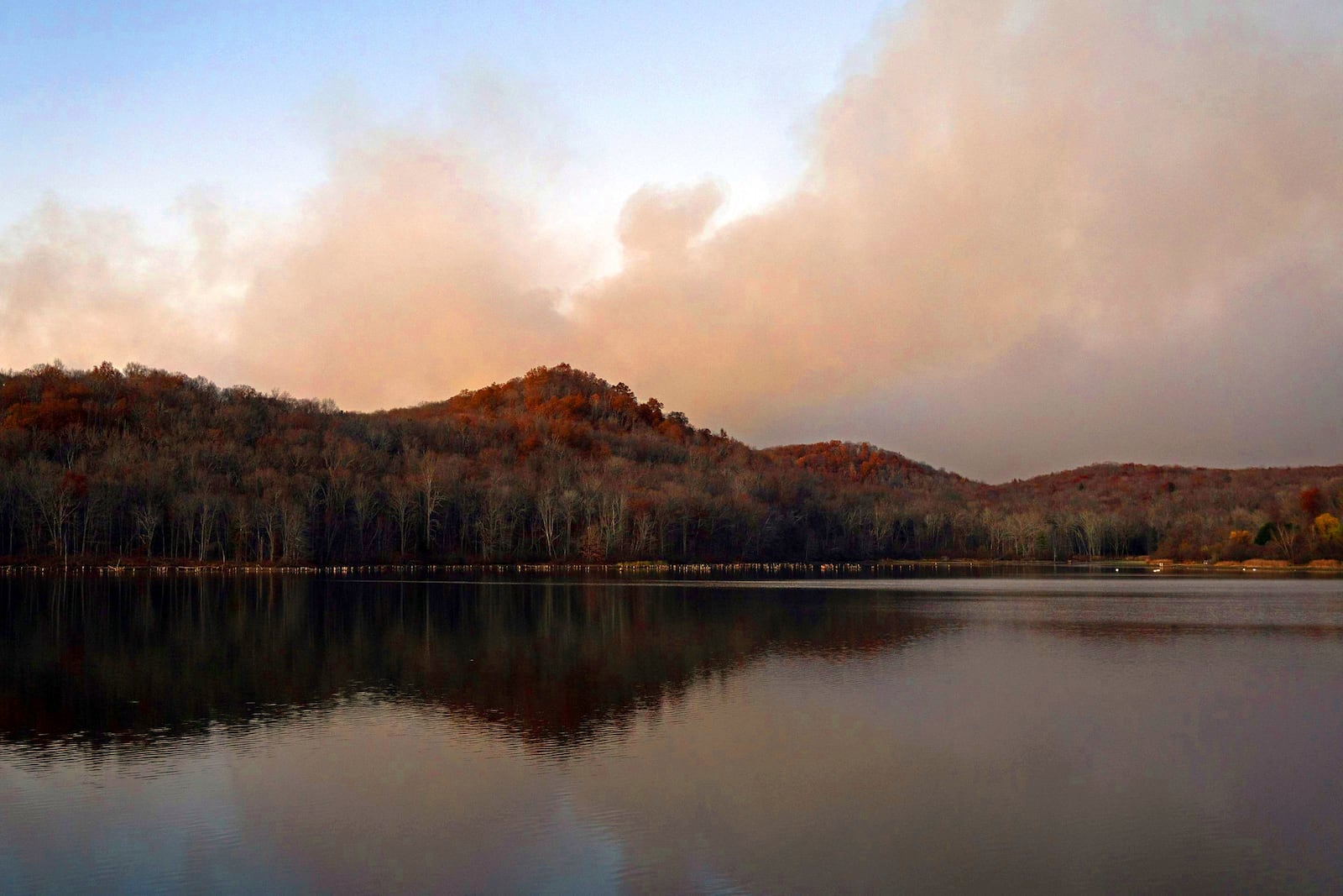 This image provided by New Jersey Department of Environmental Protection shows the wildfire in Jennings Creek, N.J., Saturday, Nov. 9, 2024. (New Jersey Department of Environmental Protection via AP)