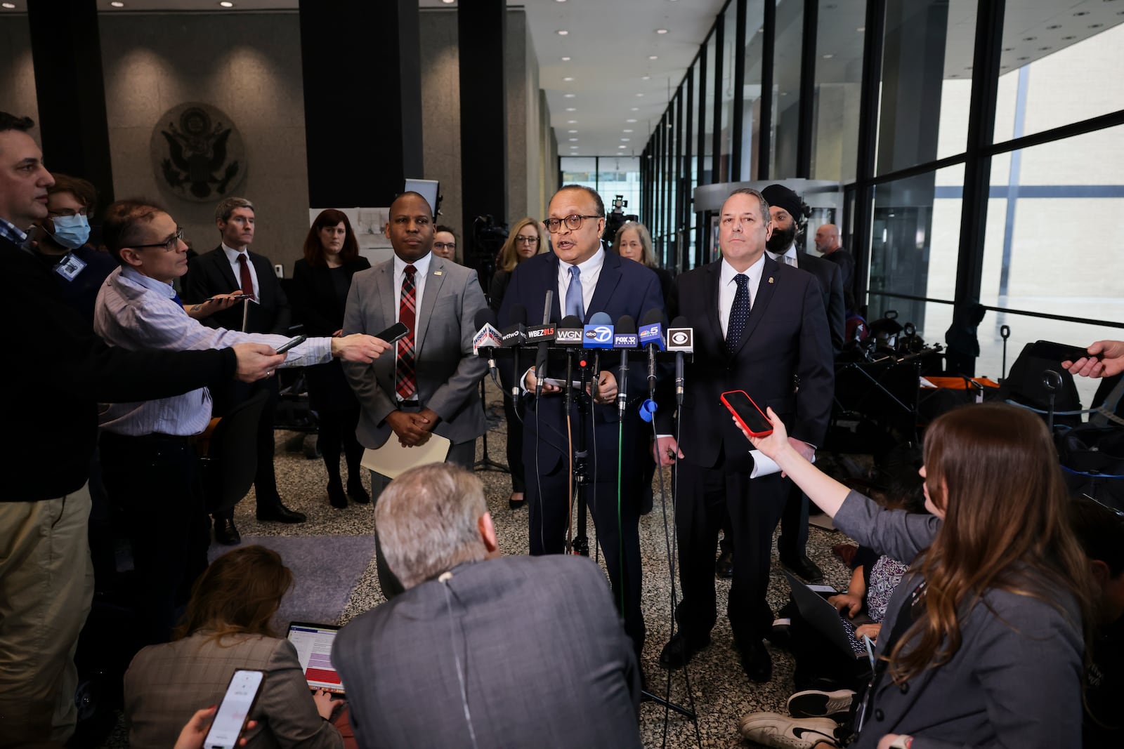 Acting U.S. Attorney Morris Pasquale speaks with the press after the trail of Michael Madigan and Michael McClain at Dirksen Federal Courthouse in Chicago, Wednesday, Feb. 12, 2025. (Anthony Vazquez/Chicago Sun-Times via AP)