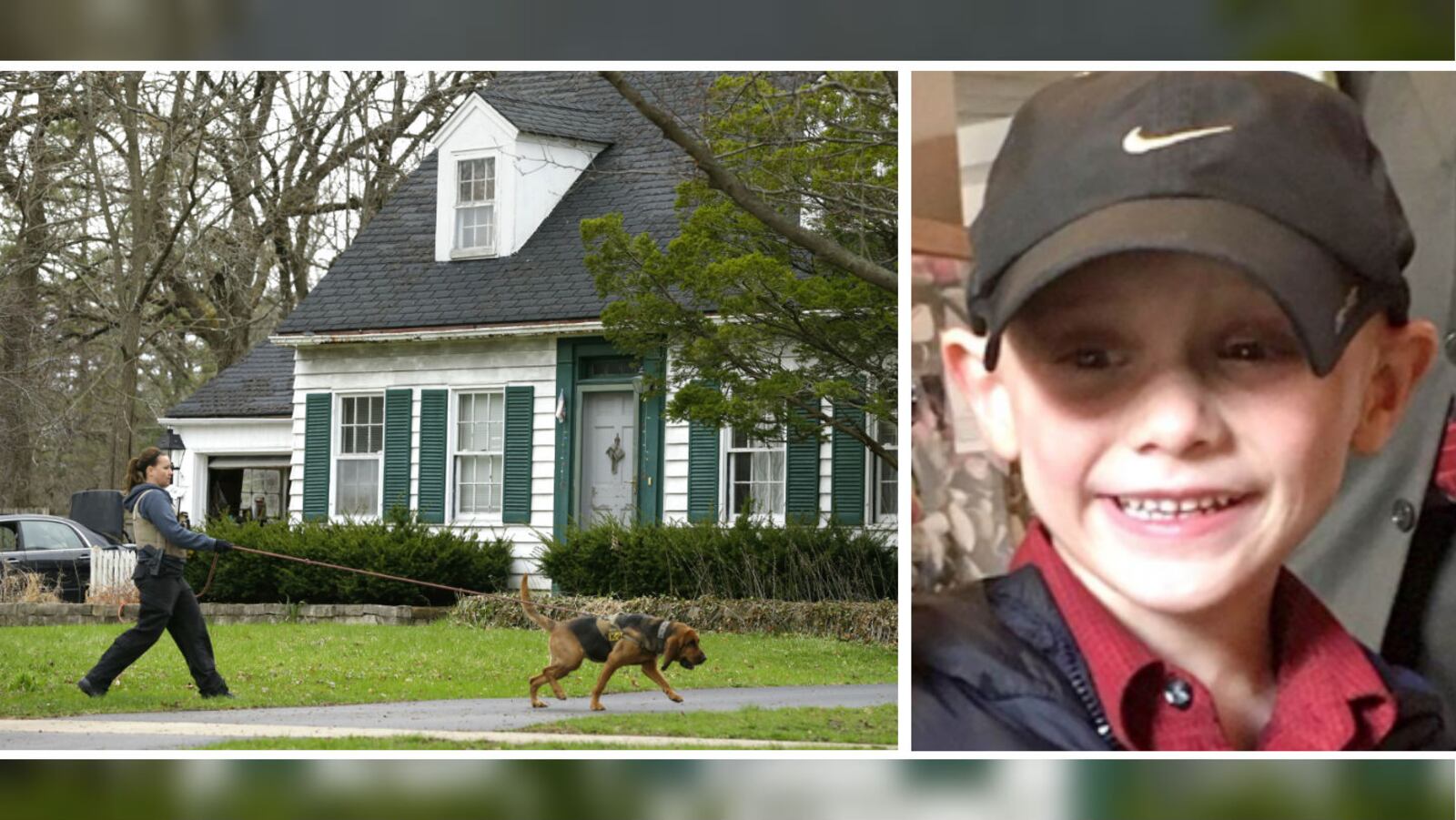 A bloodhound K-9 officer and his handler cover the ground in front of the home of 5-year-old Andrew "AJ" Freund on April 18, 2019, in Crystal Lake, Ill. AJ’S parents, Andrew Freund Sr., 60, and JoAnn Cunningham, 36, face multiple charges, including five counts of first-degree murder, in his April 15 death. The boy, who was reported missing from the family's home April 18, was found wrapped in plastic and buried in a shallow grave six days later.