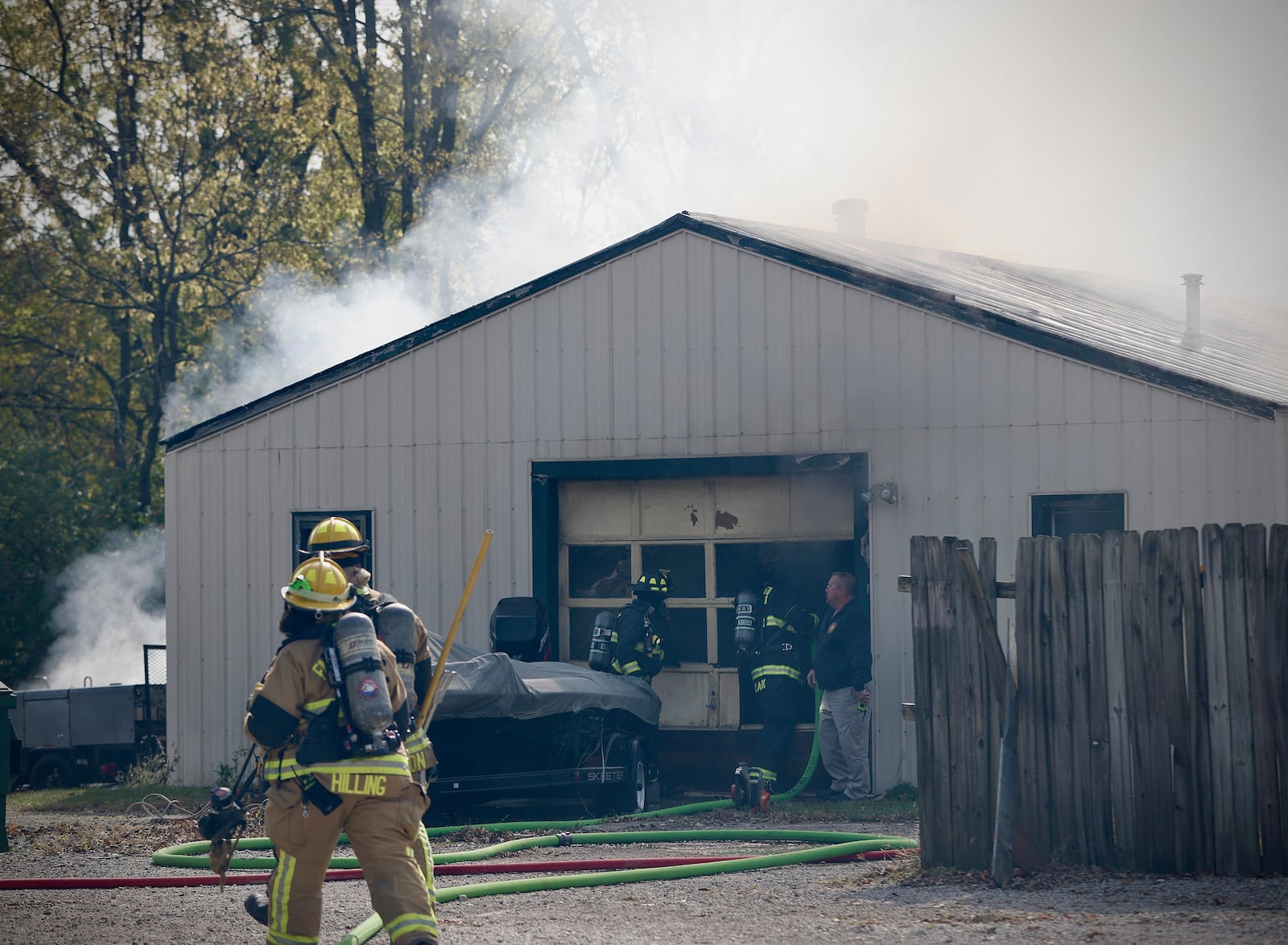 The Mad River Township Fire Department responded to a large fire on Dayton Springfield Road near Enon, Monday, Oct. 28, 2024. MARSHALL GORBY / STAFF