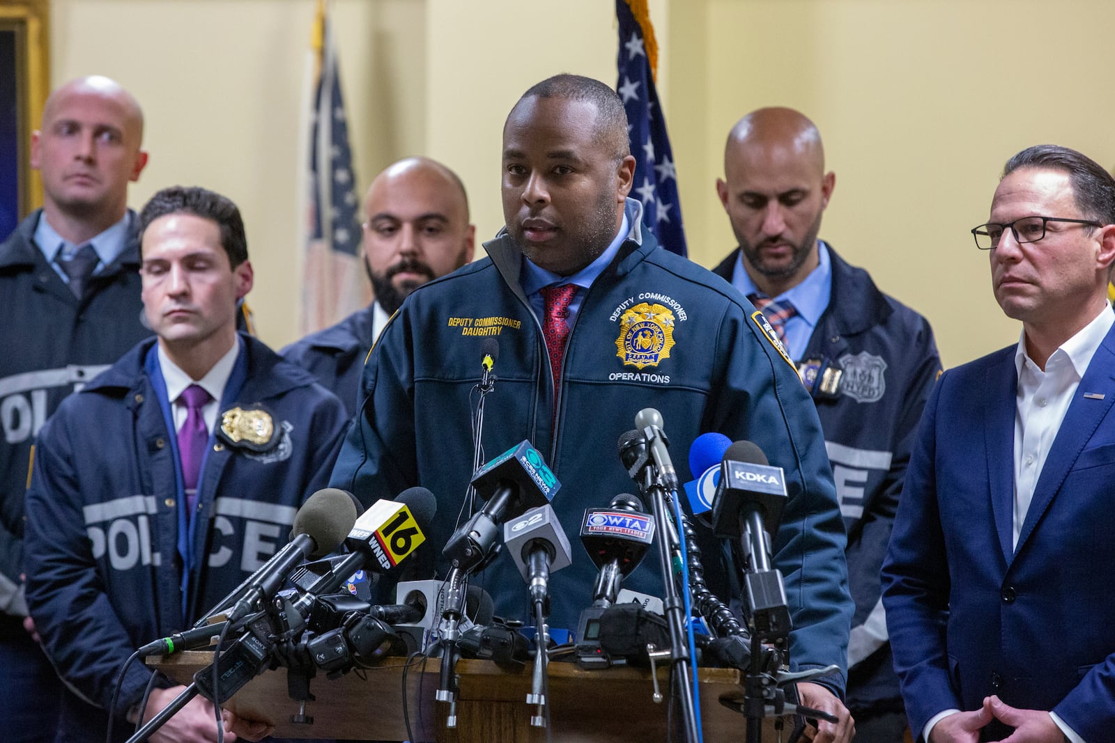 Deputy Commissioner of Operations Kaz Daughtry speaks during a press conference regarding the arrest of suspect Luigi Mangione, Monday, Dec. 9, 2024, in Hollidaysburg, Pa., in the fatal shooting of UnitedHealthcare CEO Brian Thompson. (AP Photo/Ted Shaffrey)