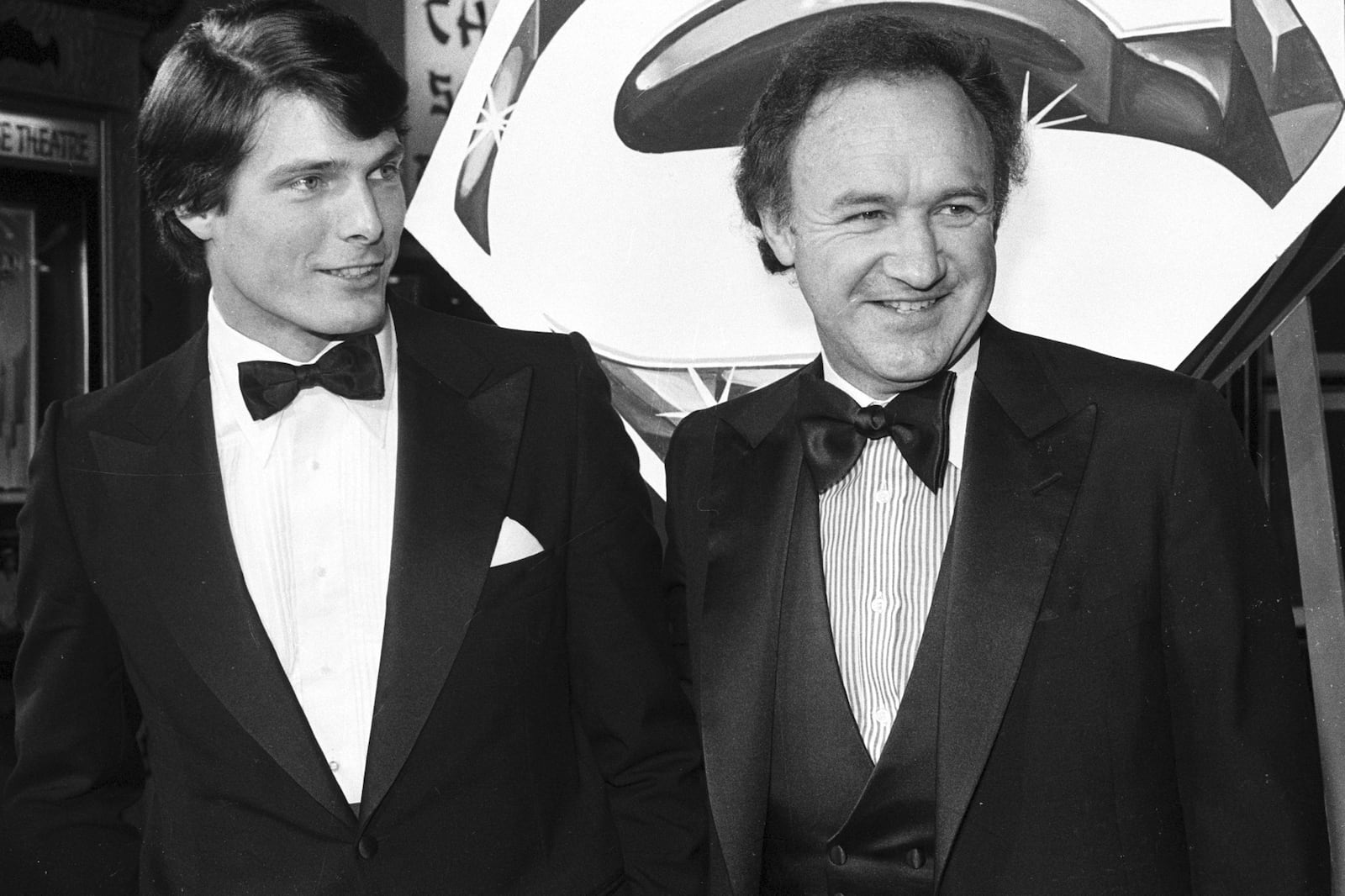 FILE - Actors Christopher Reeve, left, and co-star Gene Hackman arrive at the premiere of the movie "Superman" in Los Angeles, Ca., on Dec. 15, 1978. (AP Photo/Reed Saxon, File)