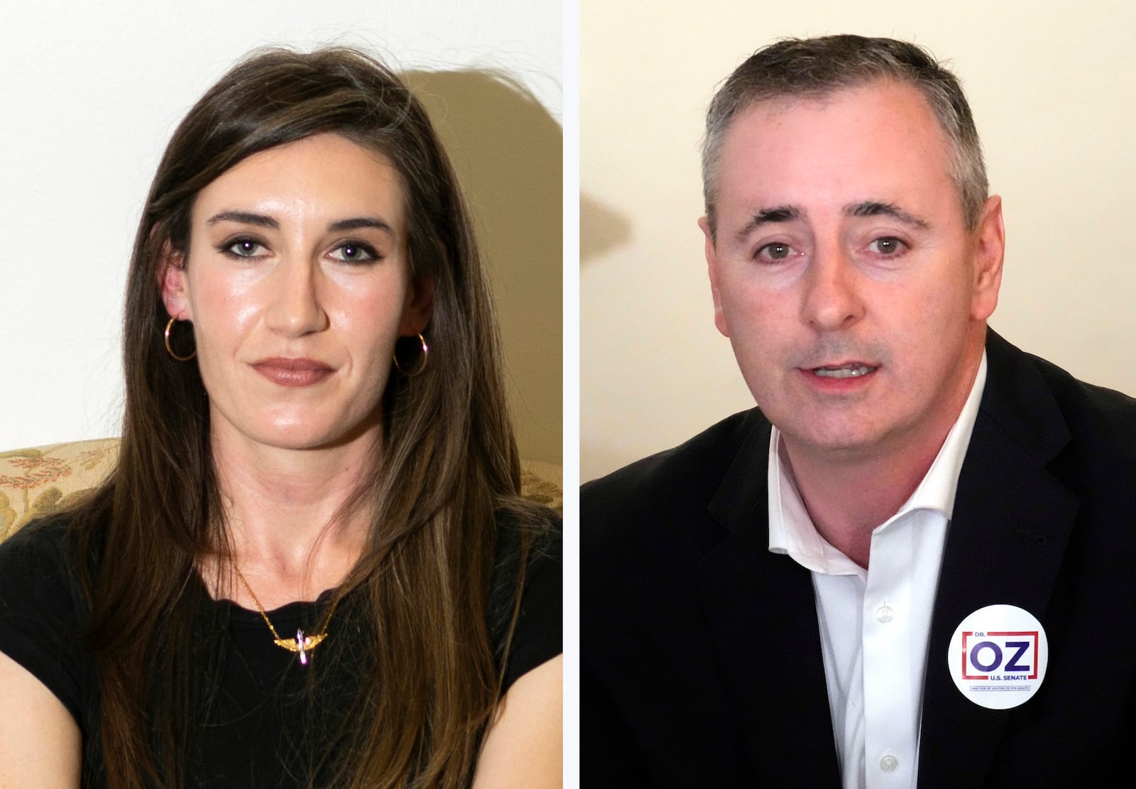 This combination photo shows Ashley Ehasz at her campaign headquarters, June 4, 2024, in Bristol, Pa., left, and Rep. Brian Fitzpatrick, R-Pa., at an event in Washington Crossing, Pa., Nov. 6, 2022 (AP Photo)