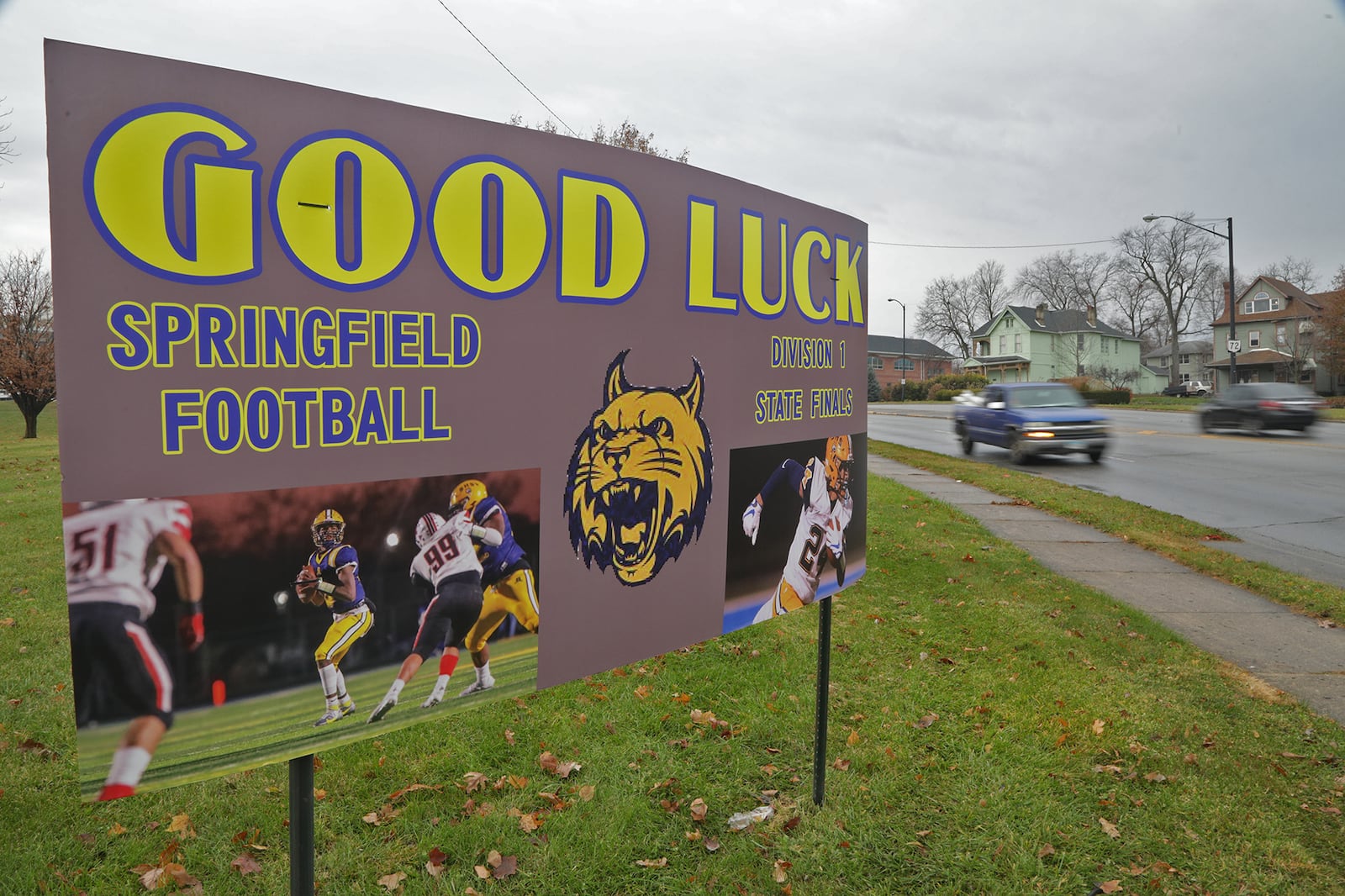 A sign along South Limestone Street wishes the Springfield Wildcats good luck Wednesday. BILL LACKEY/STAFF