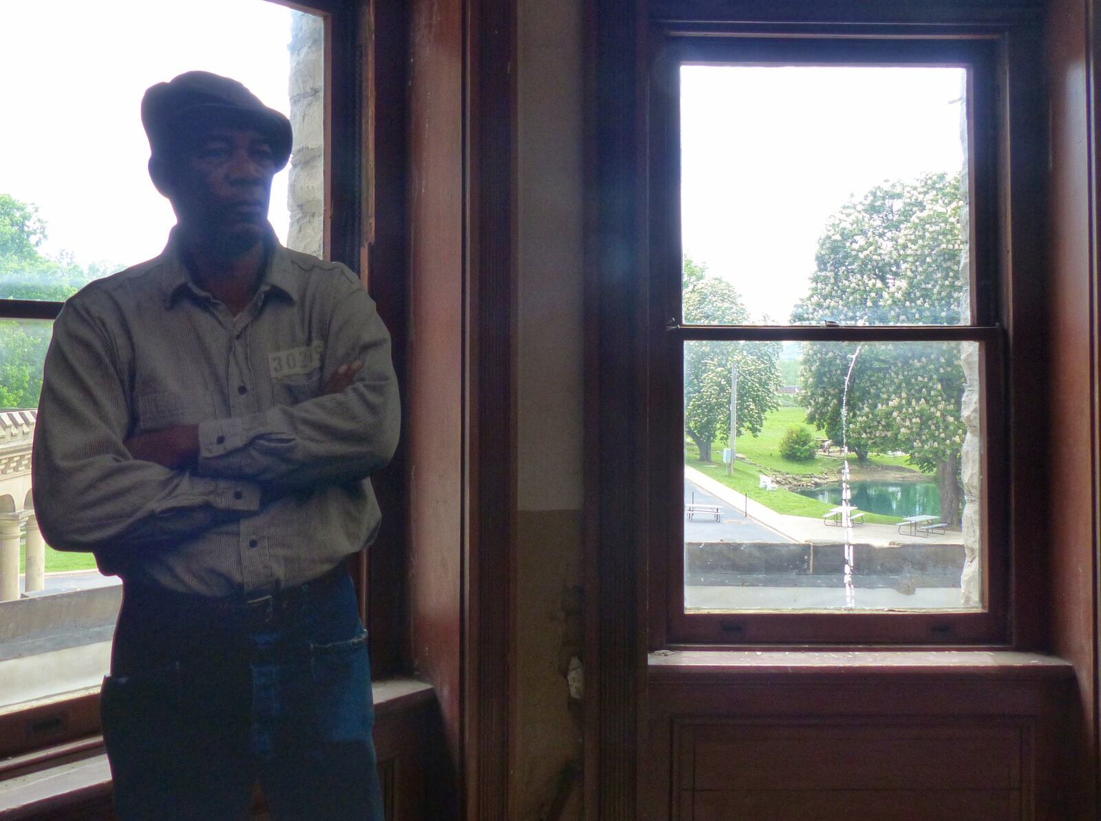 A cutout of Red played by Morgan Freeman is in the room where the parole board scene was filmed for "The Shawshank Redemption." CONNIE POST/STAFF