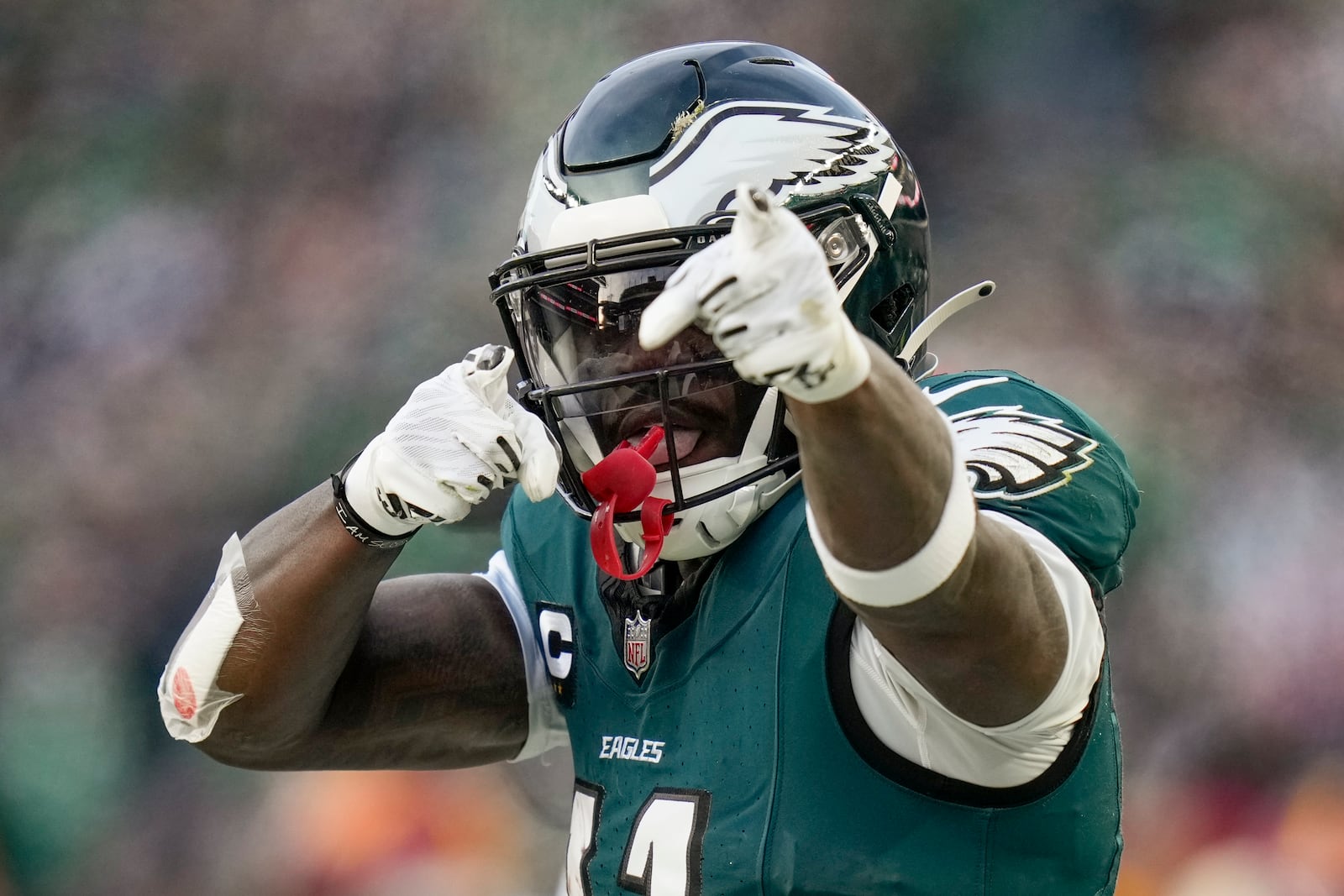 Philadelphia Eagles wide receiver A.J. Brown celebrates after a first down against the Washington Commanders during the first half of the NFC Championship NFL football game, Sunday, Jan. 26, 2025, in Philadelphia. (AP Photo/Seth Wenig)