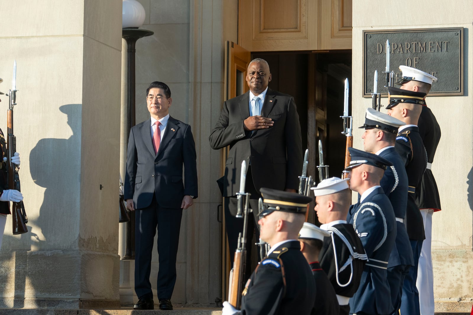 Defense Secretary Lloyd Austin, center right, welcomes South Korean Defense Minister Kim Yong Hyun, center left, to the Pentagon on Wednesday, Oct. 30, 2024 in Washington. (AP Photo/Kevin Wolf)