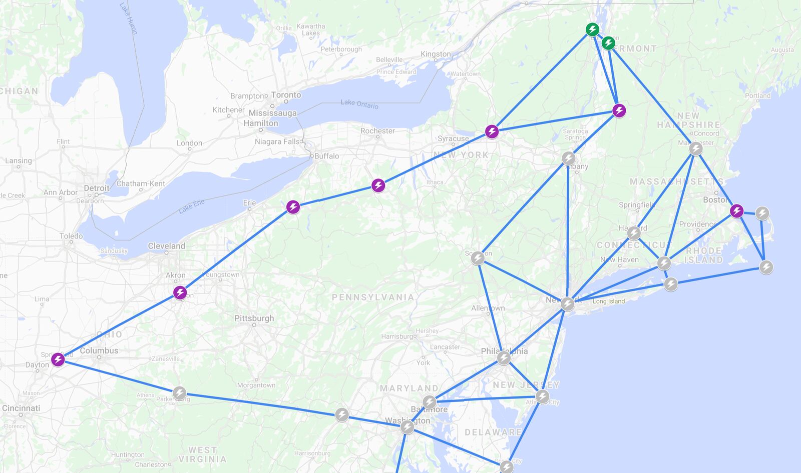 A BETA Technologies map of flying car recharge stations, with Springfield at the left.