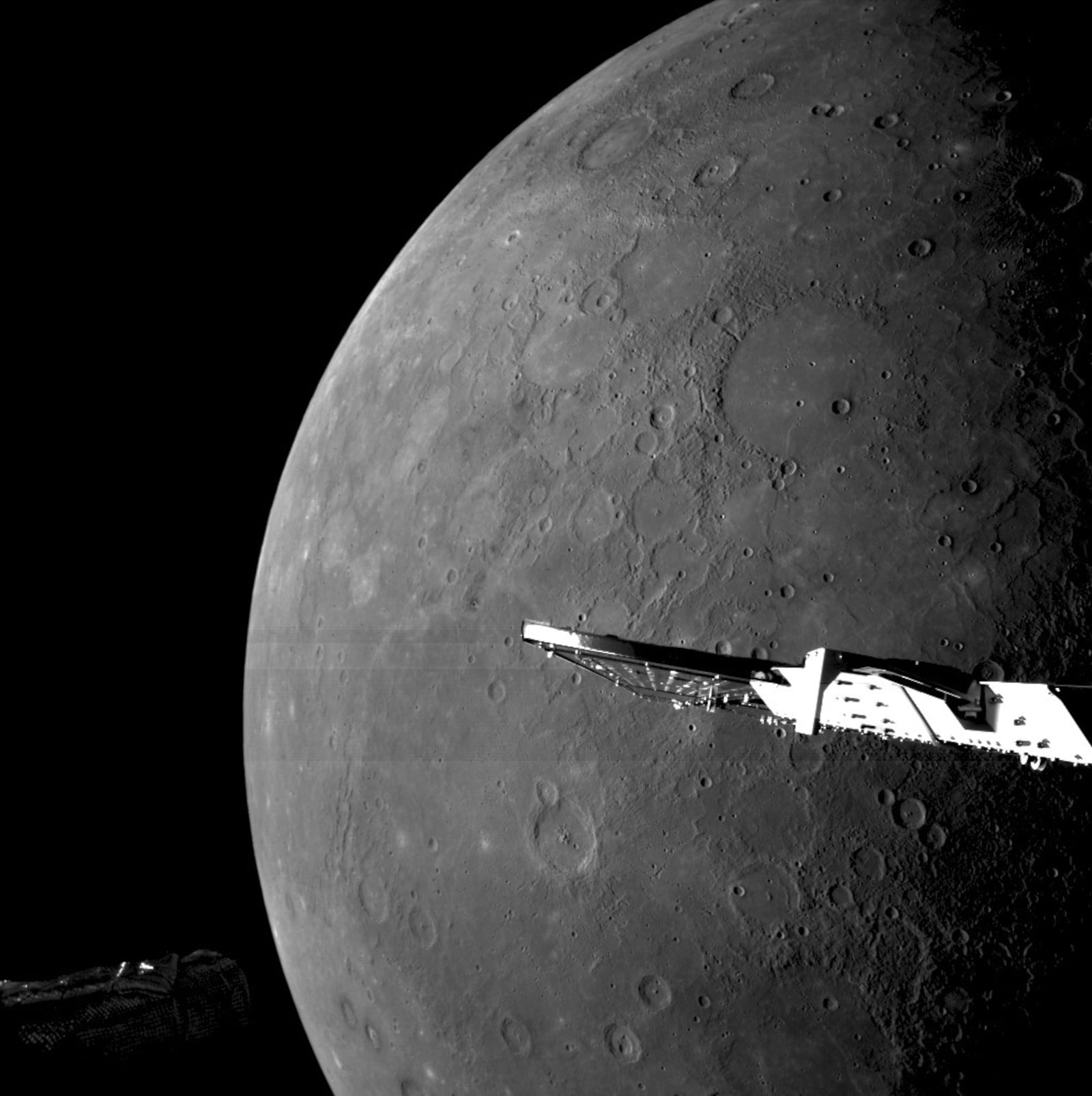 This image provided by European Space Agency shows close-up photos of Mercury showing northern plains taken by the European-Japanese spacecraft BepiColombo. (European Space Agency via AP)