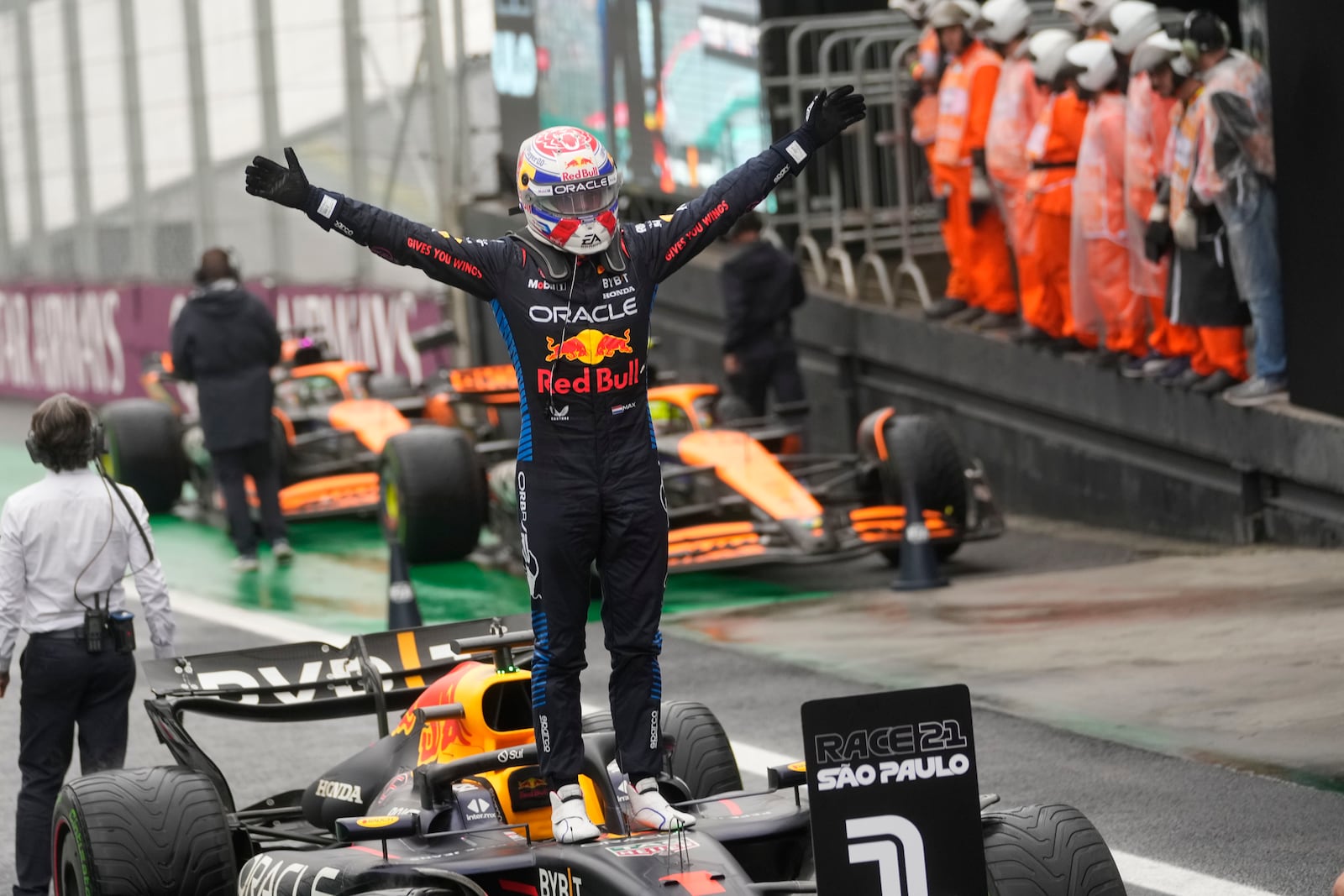 Red Bull driver Max Verstappen of the Netherlands, celebrates after winning the Brazilian Formula One Grand Prix at the Interlagos race track, in Sao Paulo, Brazil, Sunday, Nov. 3, 2024. (AP Photo/Andre Penner)