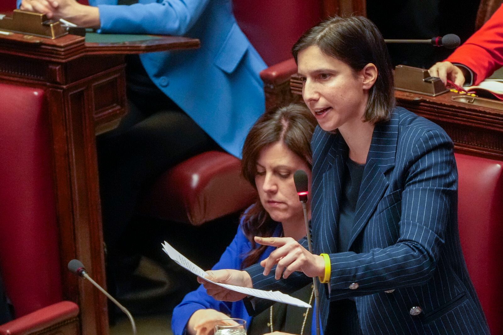 Italian Democratic Party's leade Elly Schlein speaks during a debate in the Italian lower Chamber in Rome, Wednesday, Dec. 11, 2024, over the controversial repatriation, last week, of a Libyan warlord, Ossama Anjiem, also known as Ossama al-Masri, wanted by the International Criminal Court in the Hague, and who had been arrested in Turin, northern Italy. (AP Photo/Gregorio Borgia)