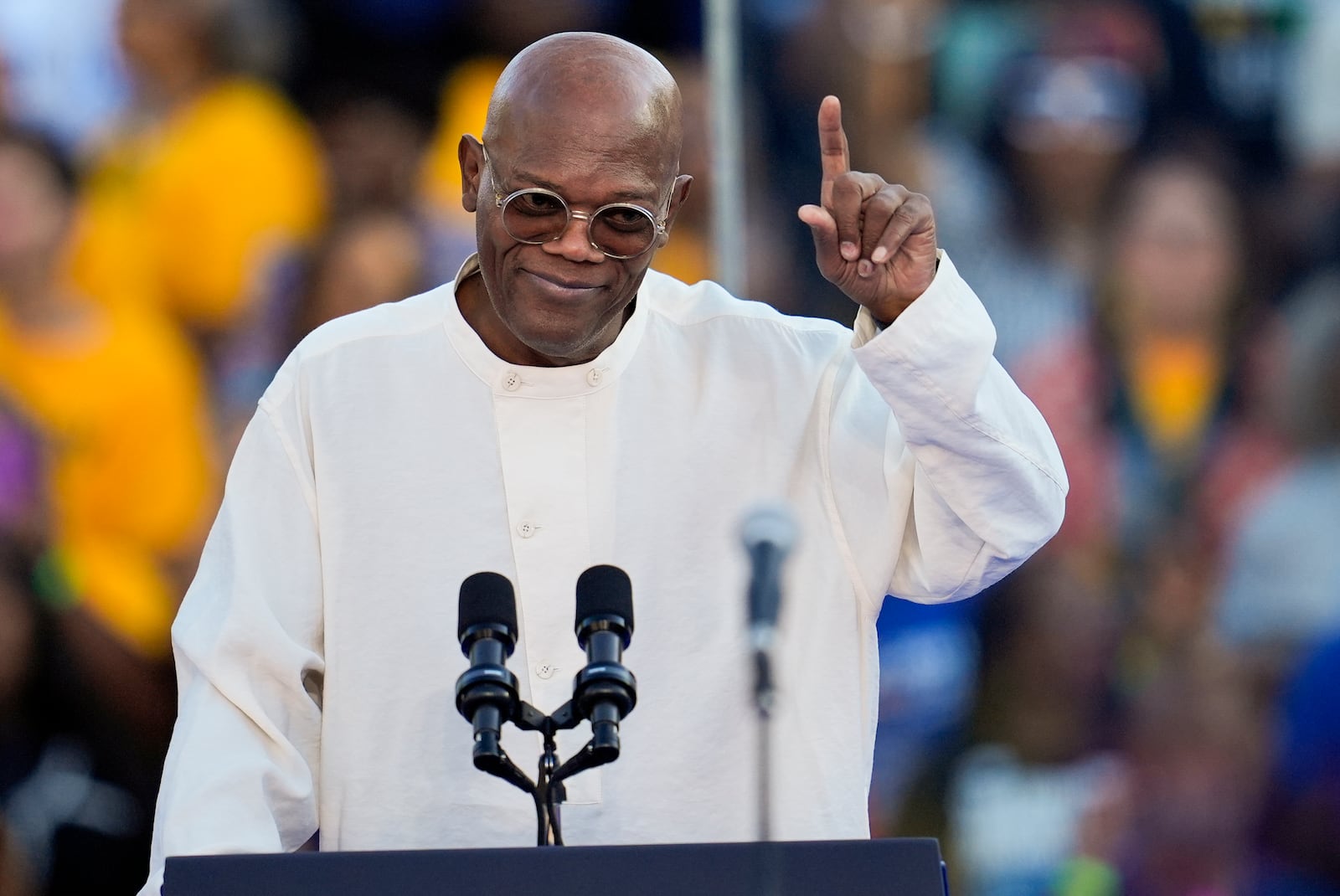 Samuel L. Jackson speaks at a campaign rally supporting Democratic presidential nominee Vice President Kamala Harris, Thursday, Oct. 24, 2024, in Clarkston, Ga. (AP Photo/Mike Stewart)