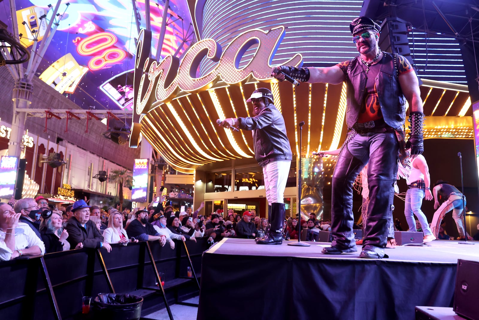 FILE - The Village People perform on New Year's Eve in downtown Las Vegas Friday, Dec. 31, 2021. (K.M. Cannon/Las Vegas Review-Journal via AP, File)