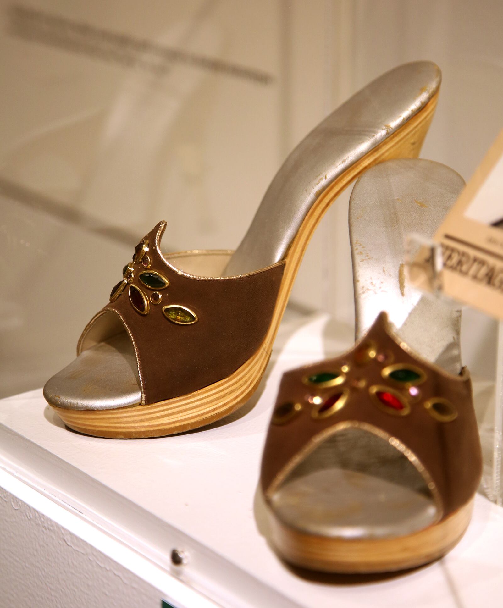 Shoes owned by Ruby Dee, an actress and activist, are part of Queens of the Heartland, an exhibition highlighting the trailblazing accomplishments of 30 Black Ohio women, on display at the National Afro-American Museum and Cultural Center in Wilberforce. LISA POWELL / STAFF
