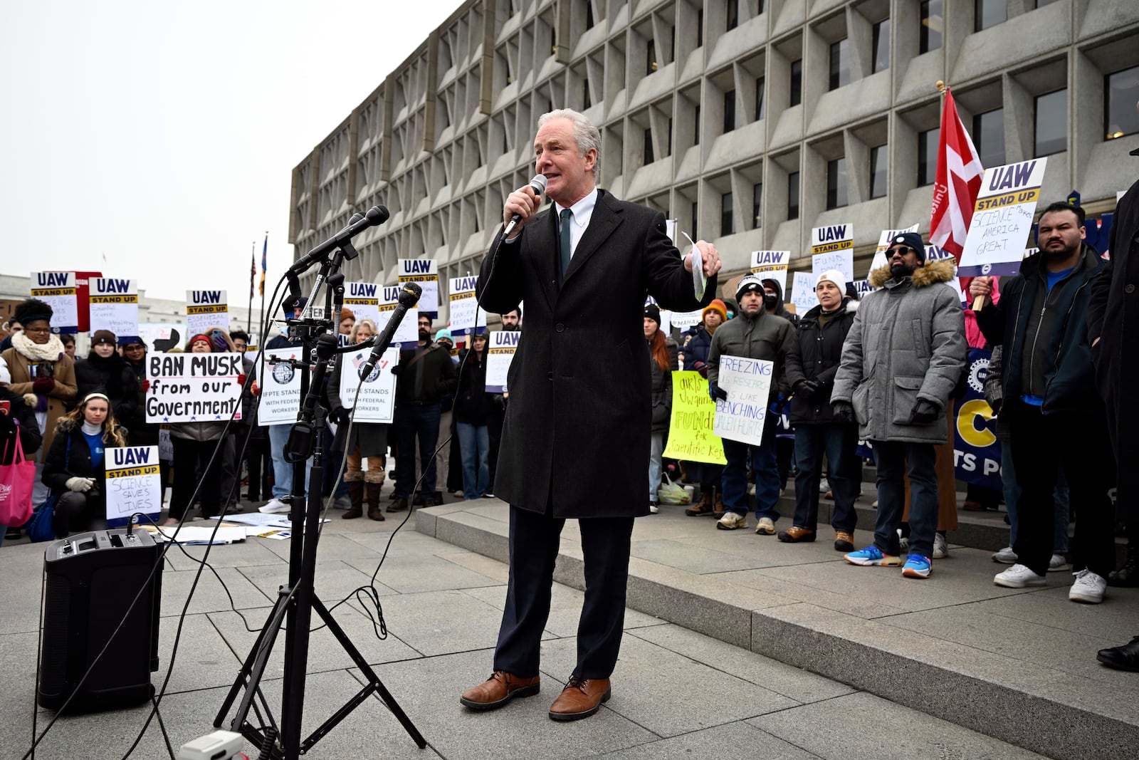 Sen. Chris Van Hollen, D-Md., speaks at a rally at Health and Human Services headquarters to protest the polices of President Donald Trump and Elon Musk Wednesday, Feb. 19, 2025, in Washington. (AP Photo/John McDonnell)