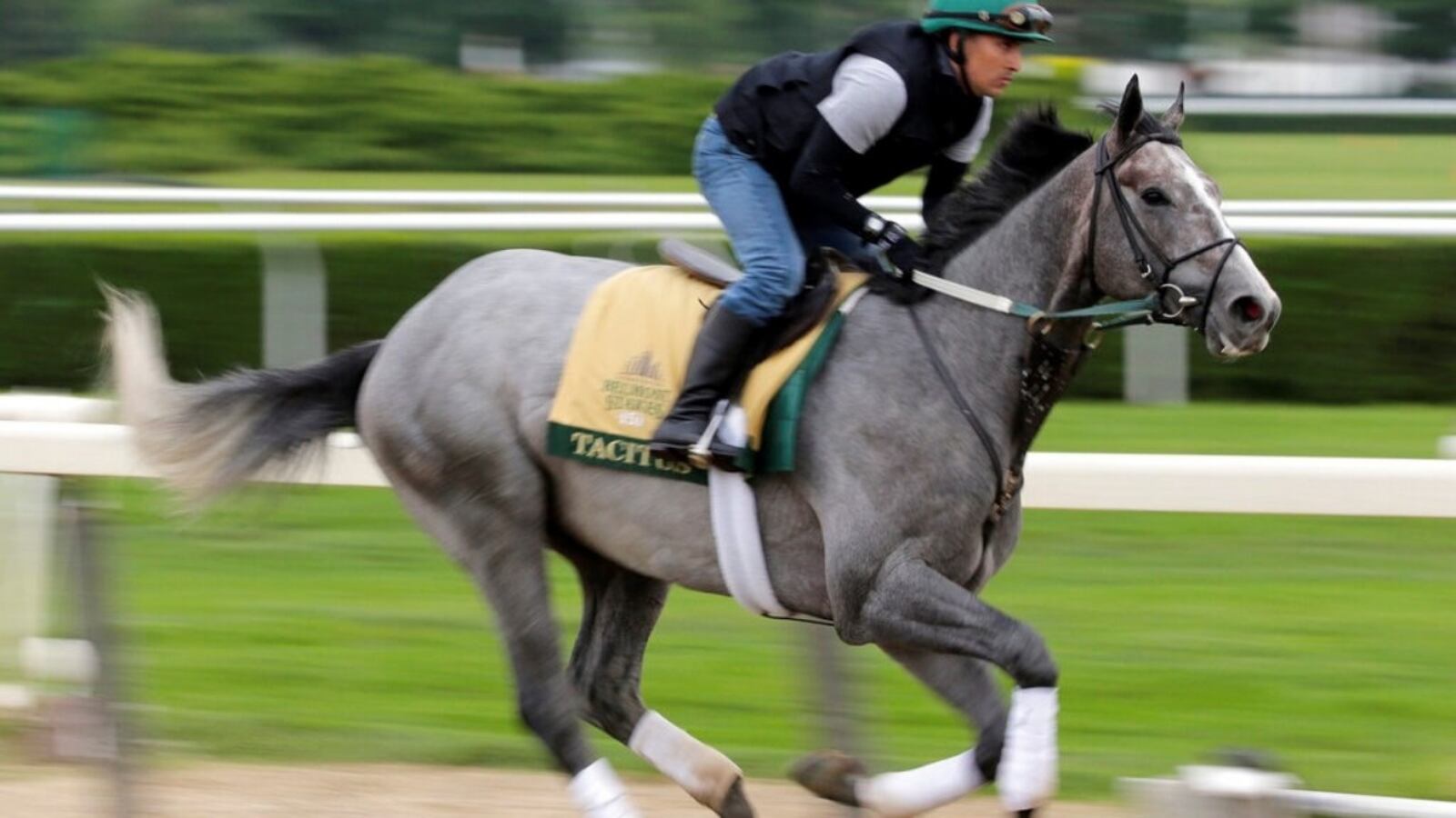 Exercise rider Joe Ramos rides Tacitus during workouts at Belmont Park in Elmont, N.Y., Wednesday, June 5, 2019. The 151st Belmont Stakes horse race is scheduled for Saturday, June 8. 