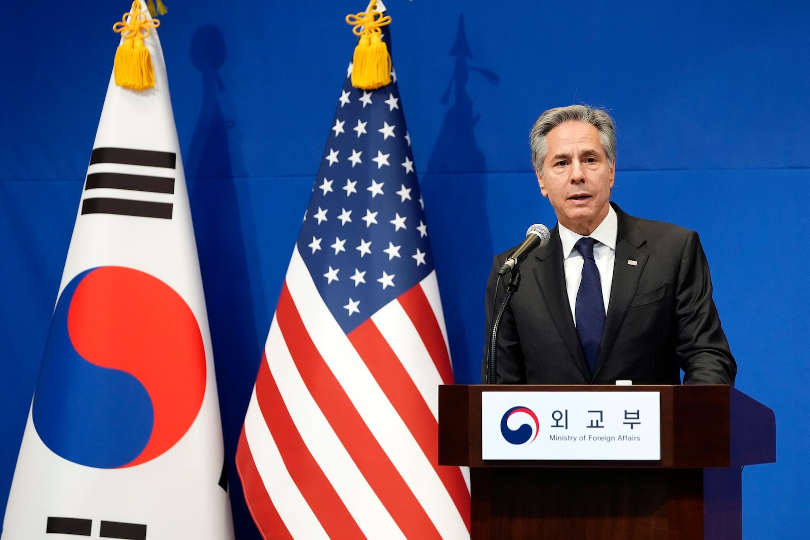 U.S. Secretary of State Antony Blinken speaks during a joint press conference following the meeting with South Korean Foreign Minister Cho Tae-yul, at the Foreign Ministry in Seoul, South Korea, Monday, Jan. 6, 2025. (AP Photo/Lee Jin-man, Pool)