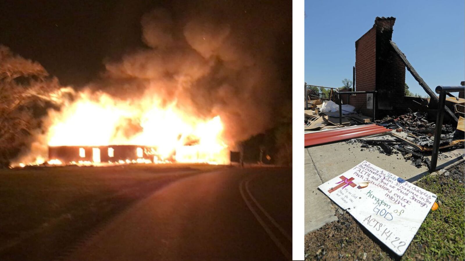 St. Mary Baptist Church in Port Barre, La., is pictured on fire March 26, 2019, and in the aftermath on April 10, 2019. Holden James Matthews, 22, of Opelousas, pleaded guilty Monday, Feb. 10, 2020, to setting fire to three black churches, including St. Mary, in St. Landry Parish over a 10-day period from March 26 to April 4, 2019. (U.S. District Court Western District of Louisiana, AP Photo)