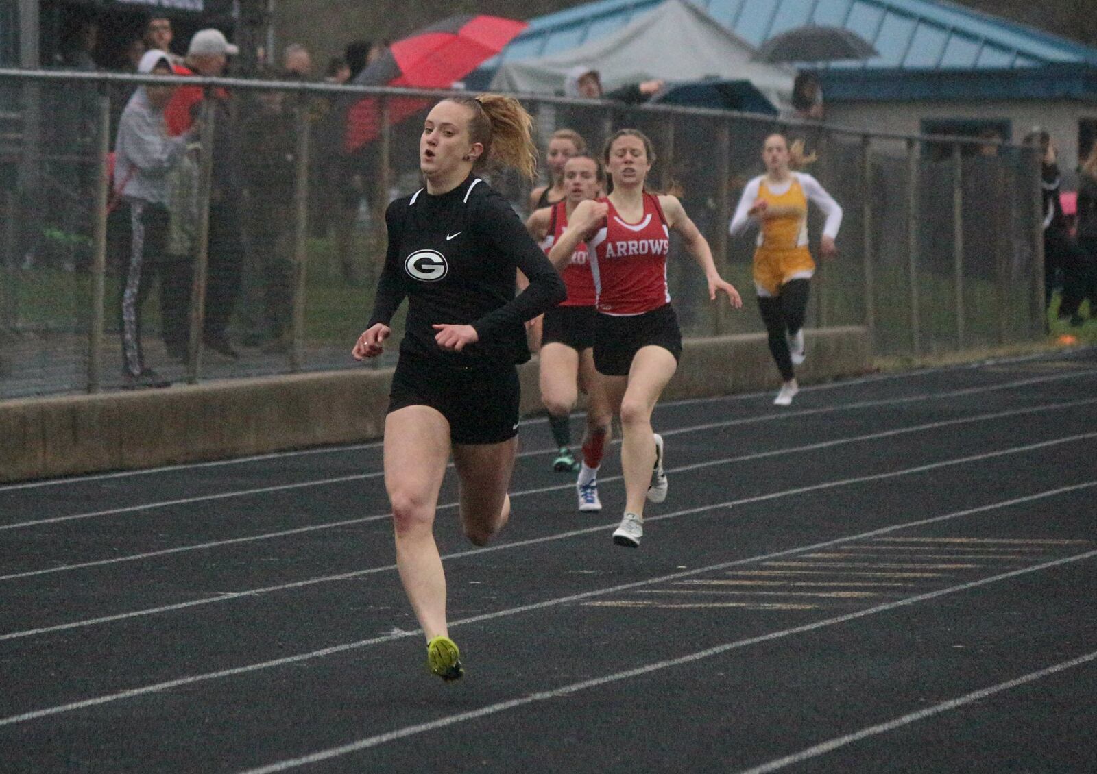 Greenon’s Delaney Benedict set a meet record in the 400 dash and also won the 200 at the Clark County track and field championships. Greg Billing / Contributed