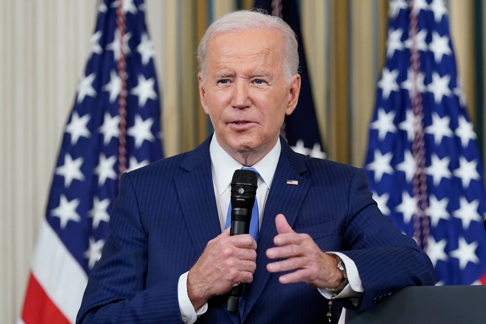 FILE - President Joe Biden answers questions from reporters as he speaks in the State Dining Room of the White House in Washington, Nov. 9, 2022. (AP Photo/Susan Walsh, File)