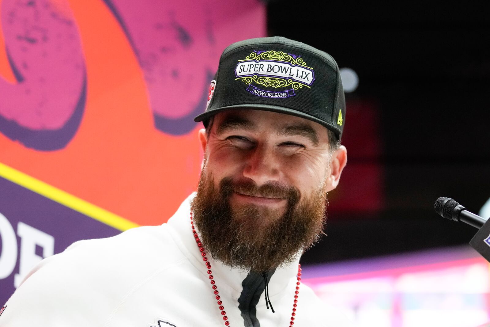 Kansas City Chiefs tight end Travis Kelce (87) participates during Super Bowl 59 Opening Night, Monday, Feb. 3, 2025, in New Orleans, ahead of the NFL football game between the Philadelphia Eagles and the Kansas City Chiefs Sunday. (AP Photo/Brynn Anderson )