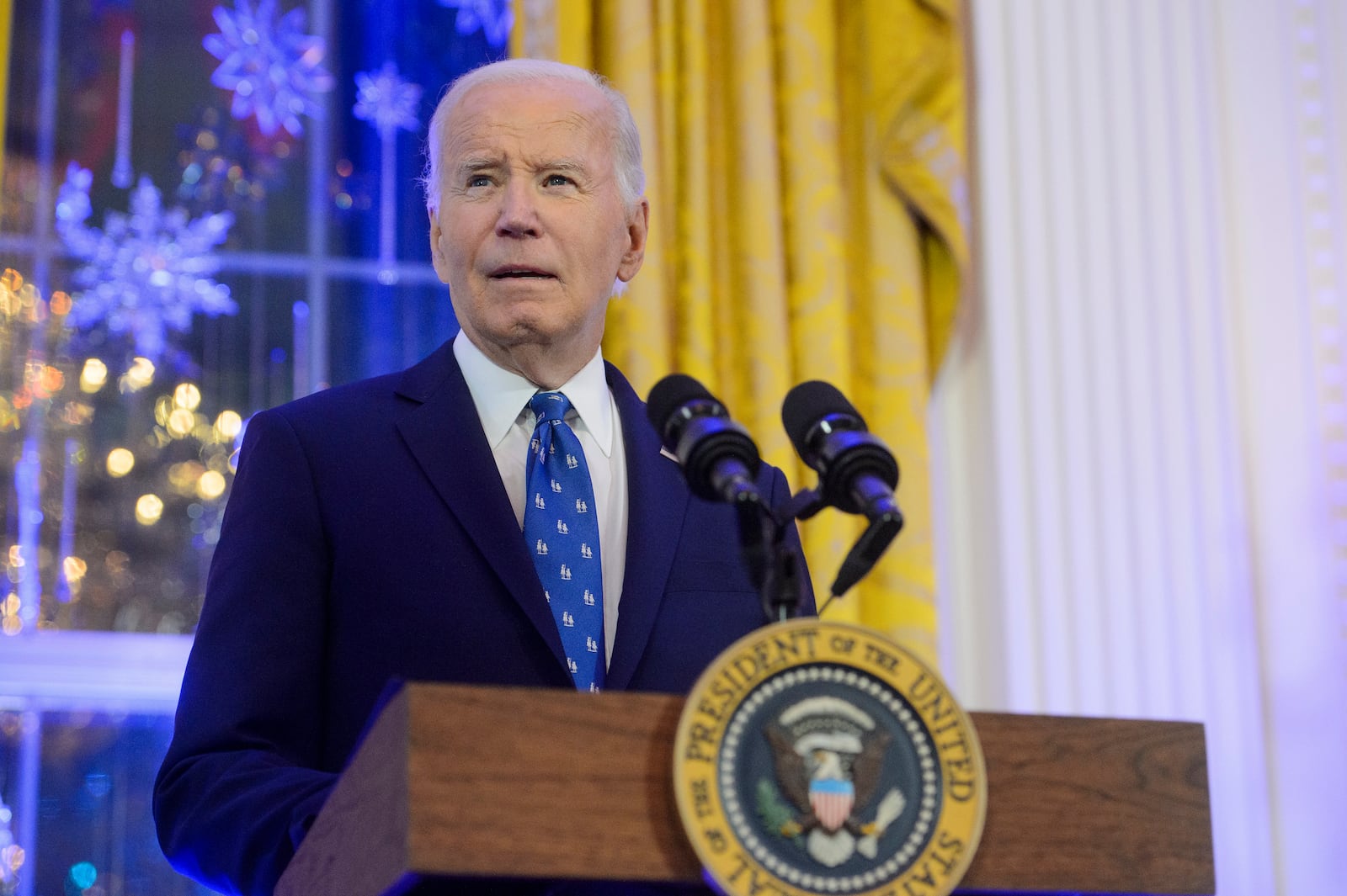 FILE - President Joe Biden speaks during a Hanukkah reception in the East Room of the White House in Washington, Dec. 16, 2024. (AP Photo/Rod Lamkey, Jr., File)