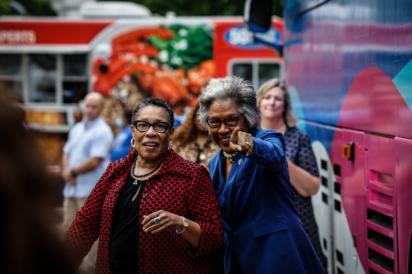 U.S. Congresswoman from Ohio Joyce Beatty (right) and HUD Secretary Marcia Fudge held a press conference in West Dayton to promote the coronavirus vaccine. JIM NOELKER/STAFF