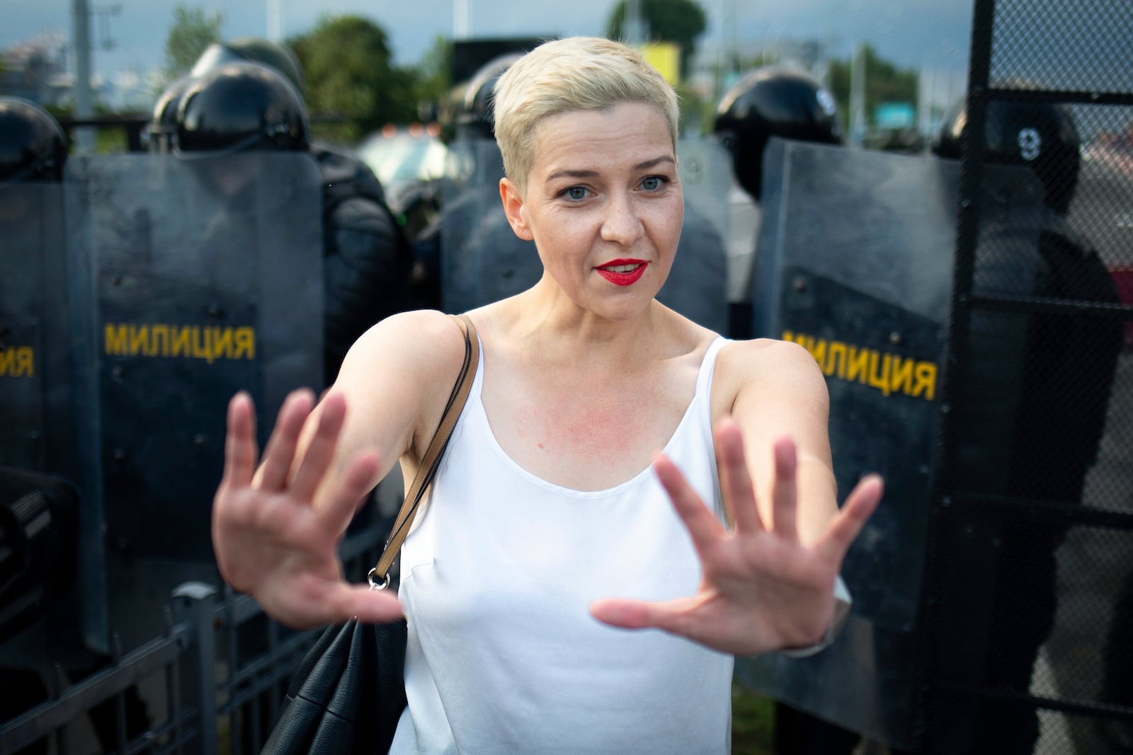 FILE – Belarus opposition activist Maria Kolesnikova gestures during a rally in Minsk, Belarus, on Aug. 30, 2020. (AP Photo, File)