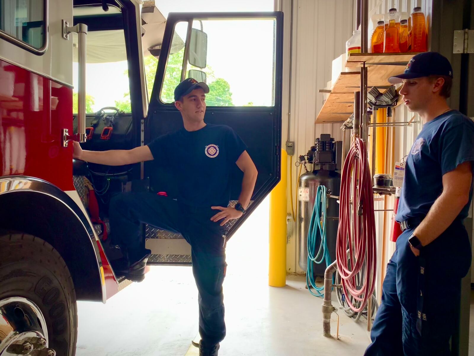 Lieutenant Luke Neikirk (left) and firefighter Ben Supplee (right) go through a ladder rider check-off at Cedarville Twp. Fire Station, part of the readiness requirements for new firefighters, Tuesday, Sept. 26, 2023. LONDON BISHOP/STAFF LONDON BISHOP/STAFF