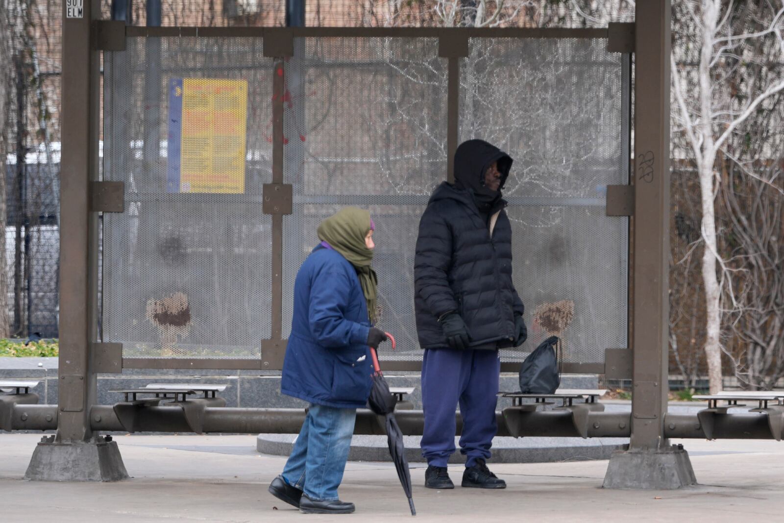 People wait for a bus during cold temperatures in Dallas, Wednesday, Feb. 19, 2025. (AP Photo/LM Otero)