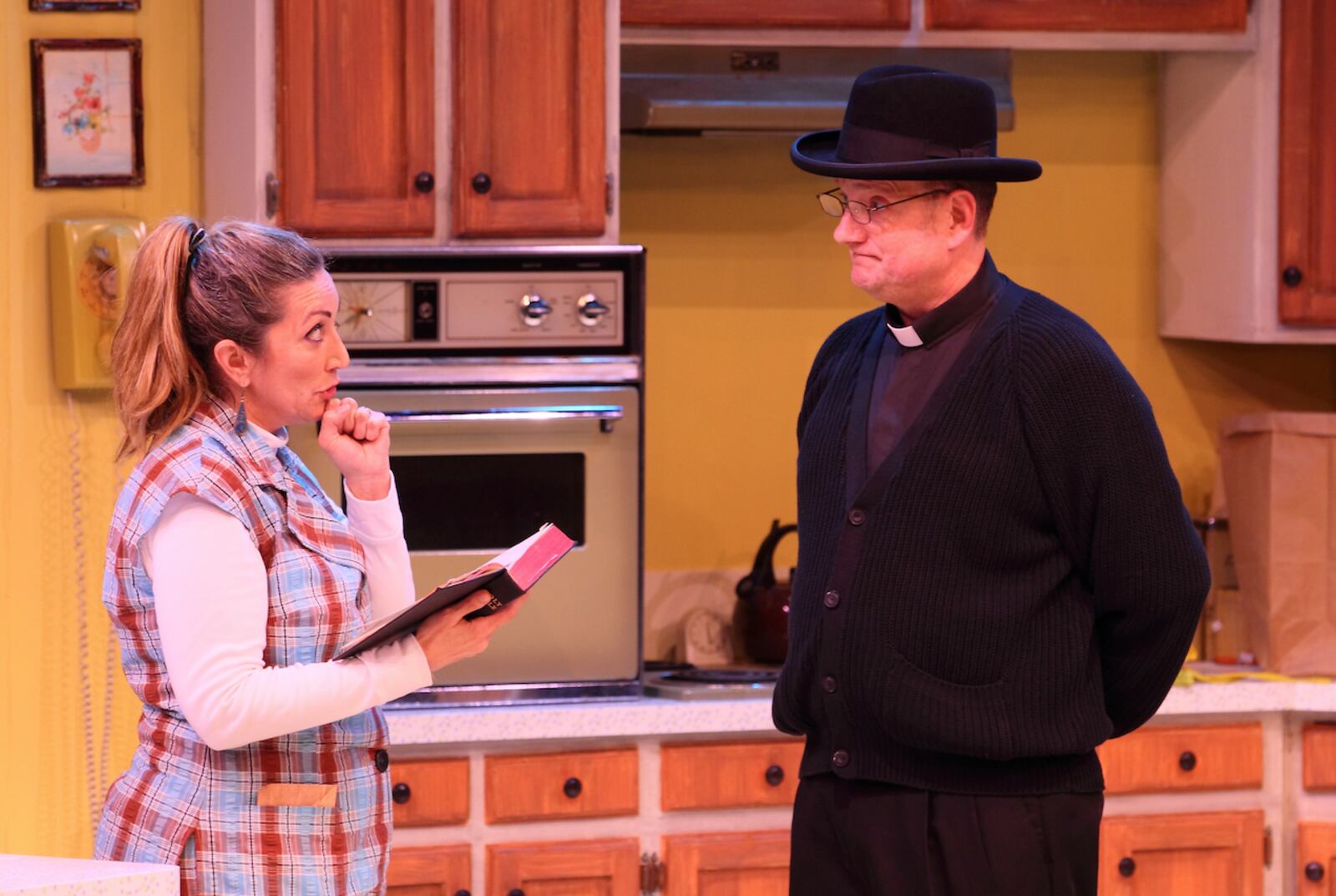 Mierka Girten (Terri Carmichael) and Jason Podplesky (Father Lovett) in the Human Race Theatre Company's production of "Incident at Our Lady of Perpetual Help." PHOTO BY SCOTT J. KIMMINS