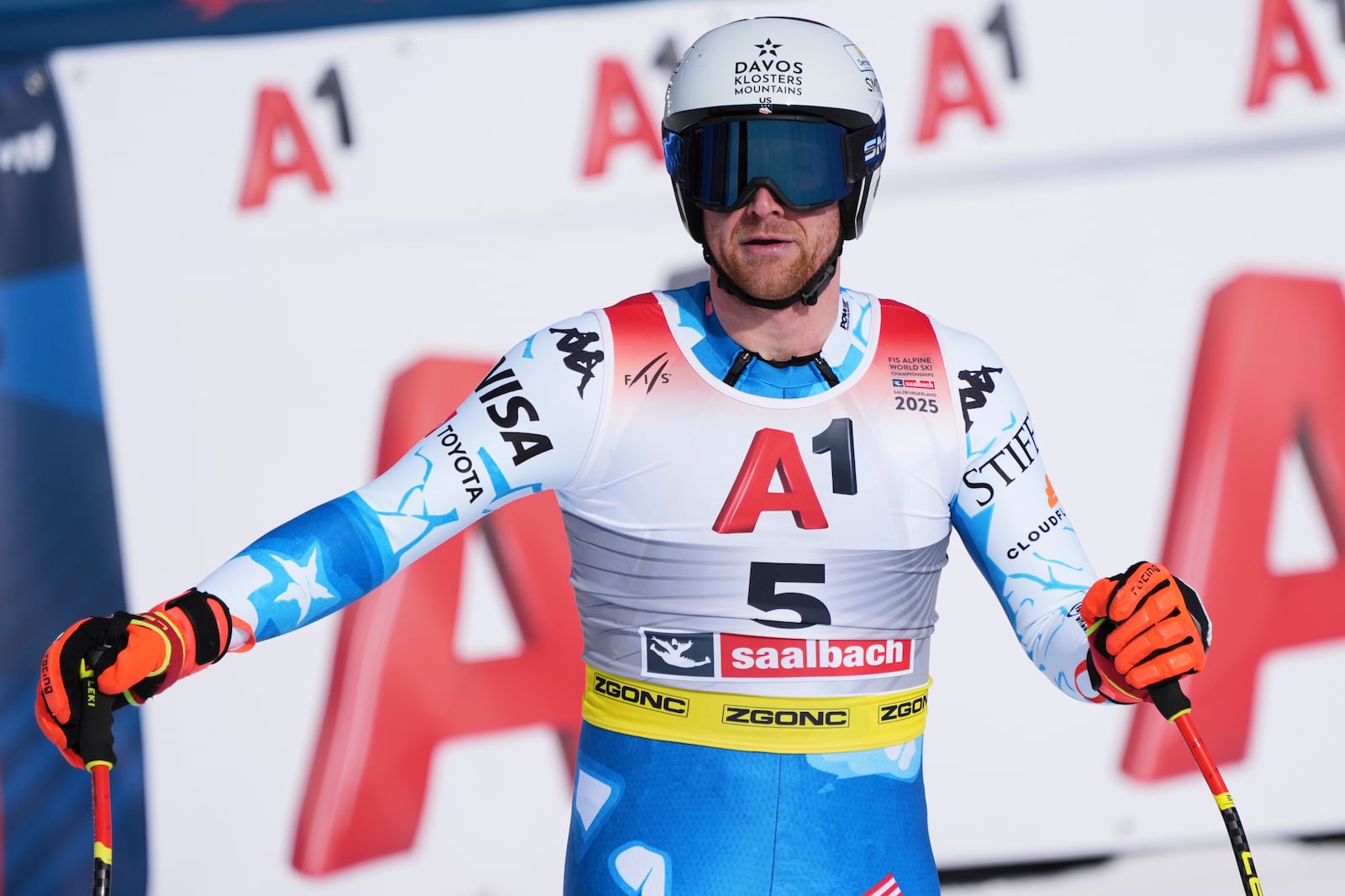 United States' Ryan Cochran Siegle checks his time at the finish area of a men's downhill race, at the Alpine Ski World Championships, in Saalbach-Hinterglemm, Austria, Sunday, Feb. 9, 2025. (AP Photo/Giovanni Auletta)