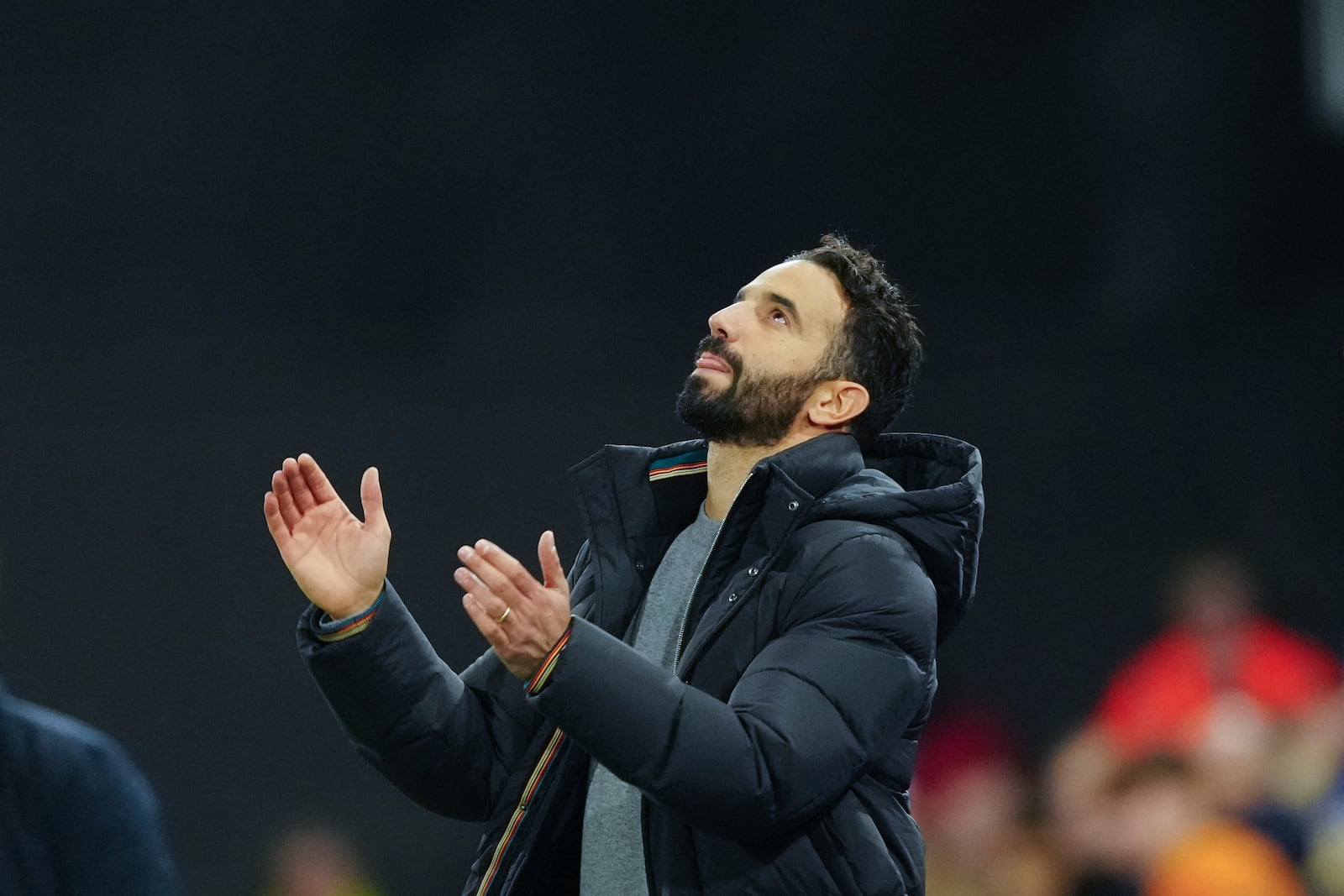 Manchester United's head coach Ruben Amorim reacts during the English Premier League soccer match between Ipswich Town and Manchester United at Portman Road stadium in Ipswich, England, Sunday, Nov. 24, 2024. (AP Photo/Dave Shopland)