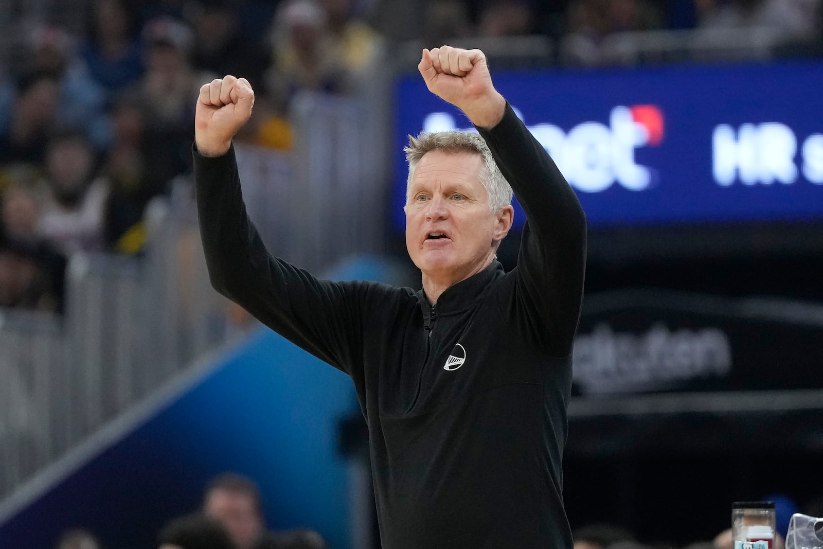 Golden State Warriors head coach Steve Kerr gestures toward players during the first half of an NBA basketball game against the Orlando Magic in San Francisco, Monday, Feb. 3, 2025. (AP Photo/Jeff Chiu)