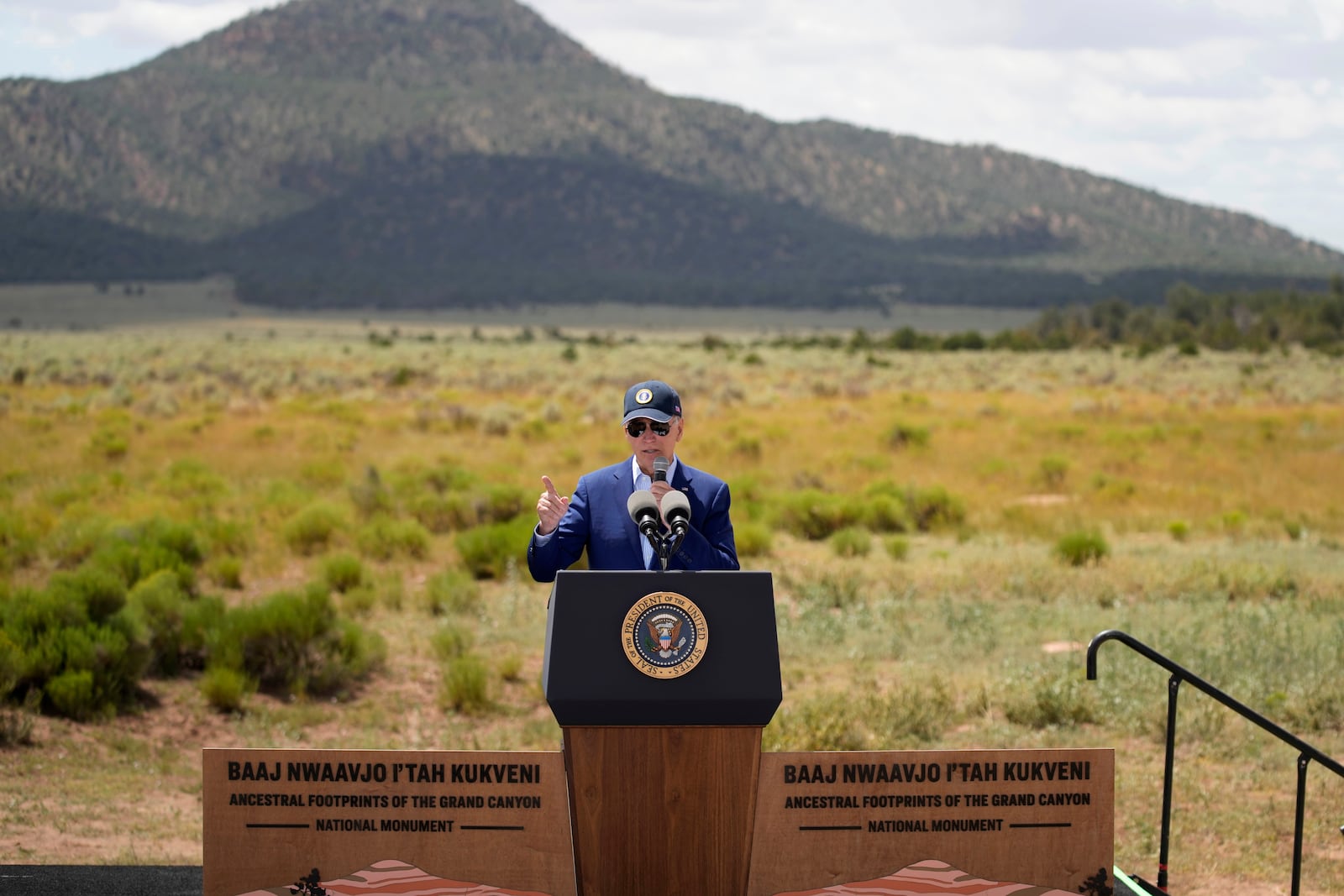 FILE - President Joe Biden speaks before signing a proclamation designating the Baaj Nwaavjo I'Tah Kukveni National Monument at the Red Butte Airfield Tuesday, Aug. 8, 2023, in Tusayan, Ariz. (AP Photo/John Locher, File)