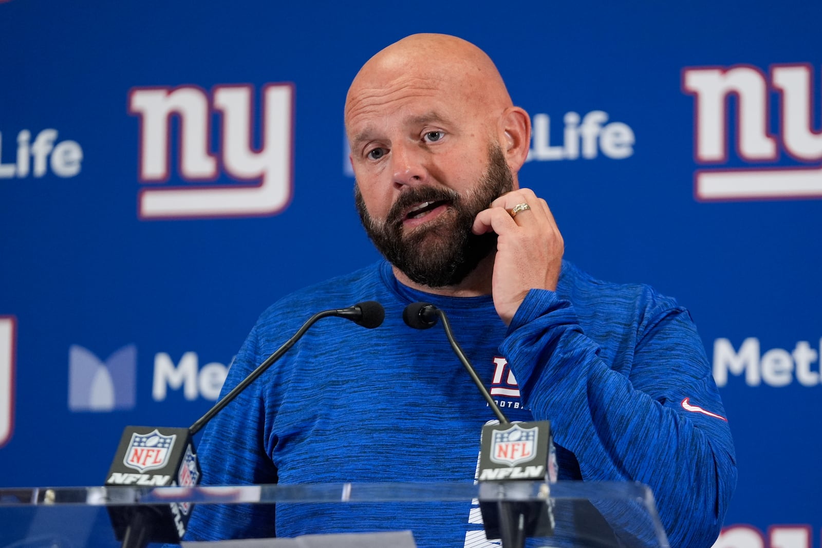 New York Giants head coach Brian Daboll speaks during a news conference after an NFL football game against the Cincinnati Bengals, Sunday, Oct. 13, 2024, in East Rutherford, N.J. The Bengals won 17-7. (AP Photo/Frank Franklin II)