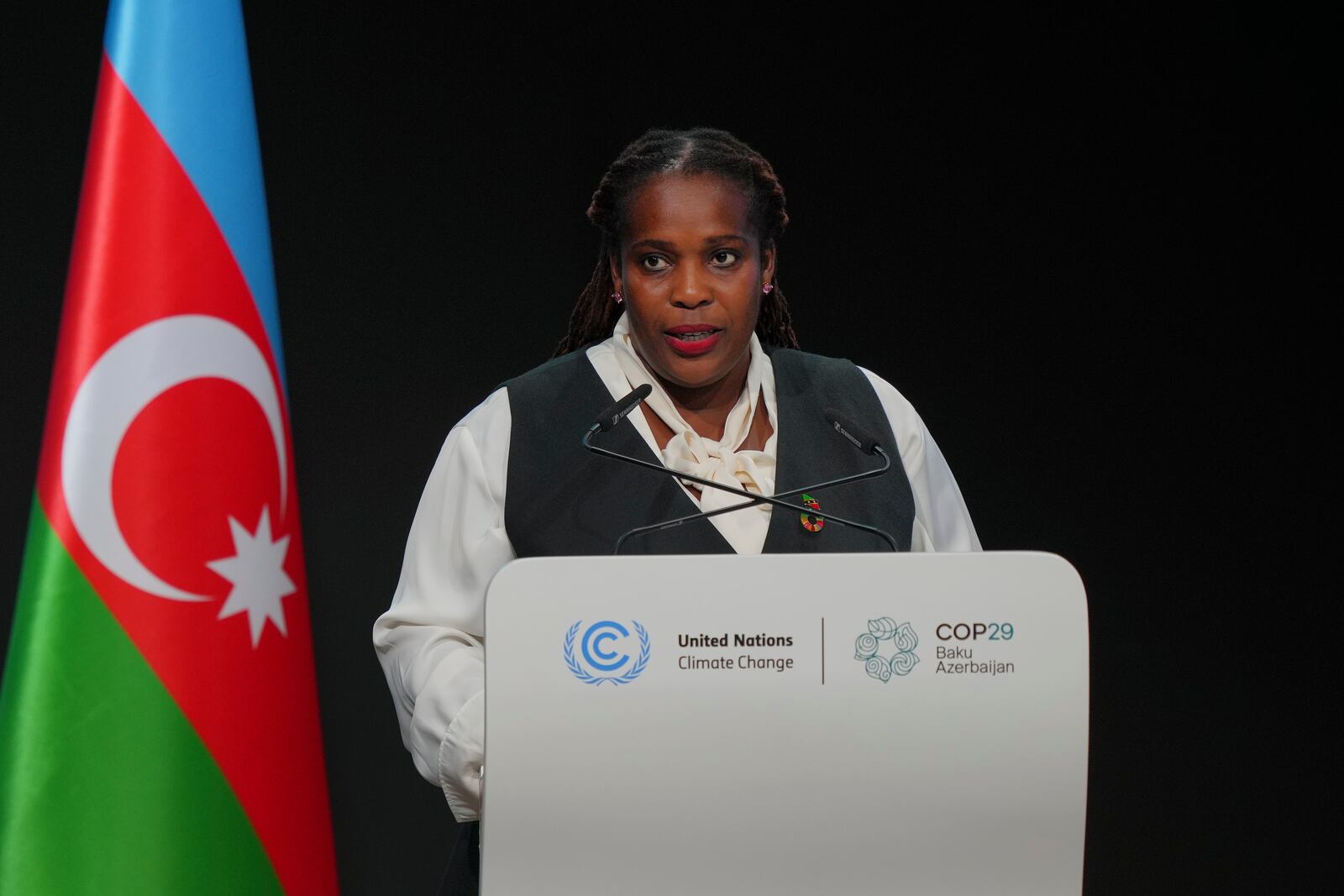 St. Kitts and Nevis Climate Minister Joyelle Clarke speaks during a plenary session at the COP29 U.N. Climate Summit, Tuesday, Nov. 19, 2024, in Baku, Azerbaijan. (AP Photo/Peter Dejong)