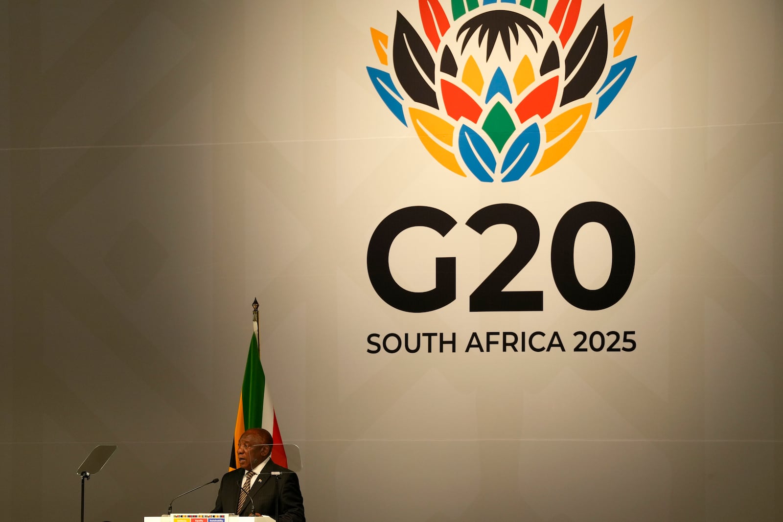 South Africa's President Cyril Ramaphosa addresses delegates at G20 Finance Ministers and Central Bank Governors meeting in Cape Town, South Africa, Wednesday, Feb. 26, 2025. (AP Photo/Nardus Engelbrecht)