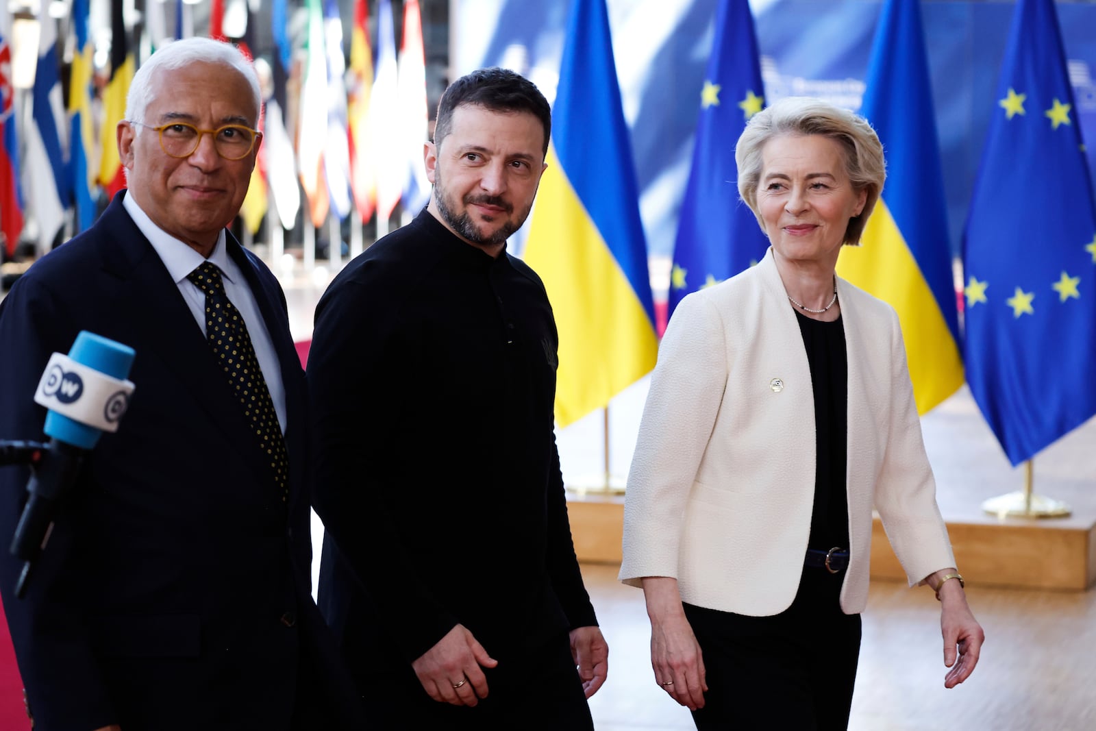 From left, European Council President Antonio Costa, Ukraine's President Volodymyr Zelenskyy and European Commission President Ursula von der Leyen speak arrive for an EU Summit at the European Council building in Brussels, Thursday, March 6, 2025. (AP Photo/Omar Havana)