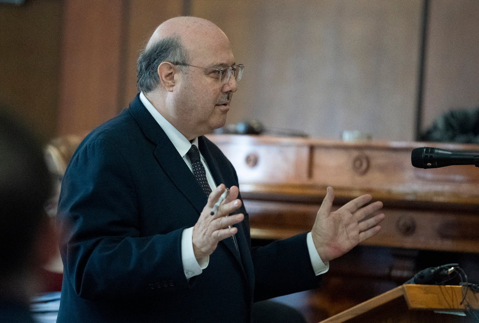 Defense attorney Bill Colovos makes closing arguments on behalf of his client Marshella Chidester at the Monroe County Courthouse, Thursday, March 6, 2025, in Monroe, Mich. (Mandi Wright/Detroit Free Press via AP)