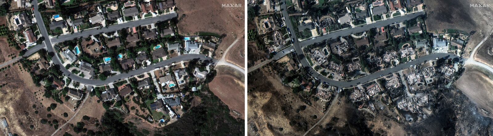 This combo of two satellite images released by Maxar Technologies shows houses before and after being fire-ravaged in Camarillo, Calif., Thursday Nov. 7, 2024. (Satellite image ©2024 Maxar Technologies via AP)