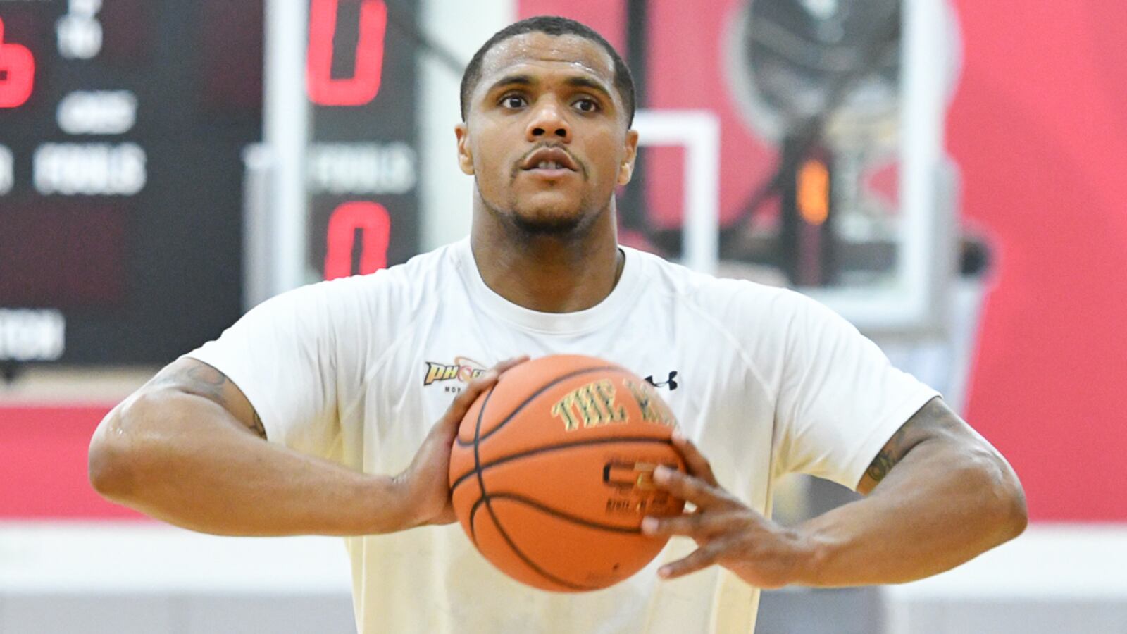 Former South standout Nate Miller passes during a practice with Ohio State alumni on Thursday at Value City Arena in Columbus. Miller and the alumni team are participating in a The Basketball Tournament, which starts on Saturday in Peoria, Illinois. Contributed Photo by Bryant Billing