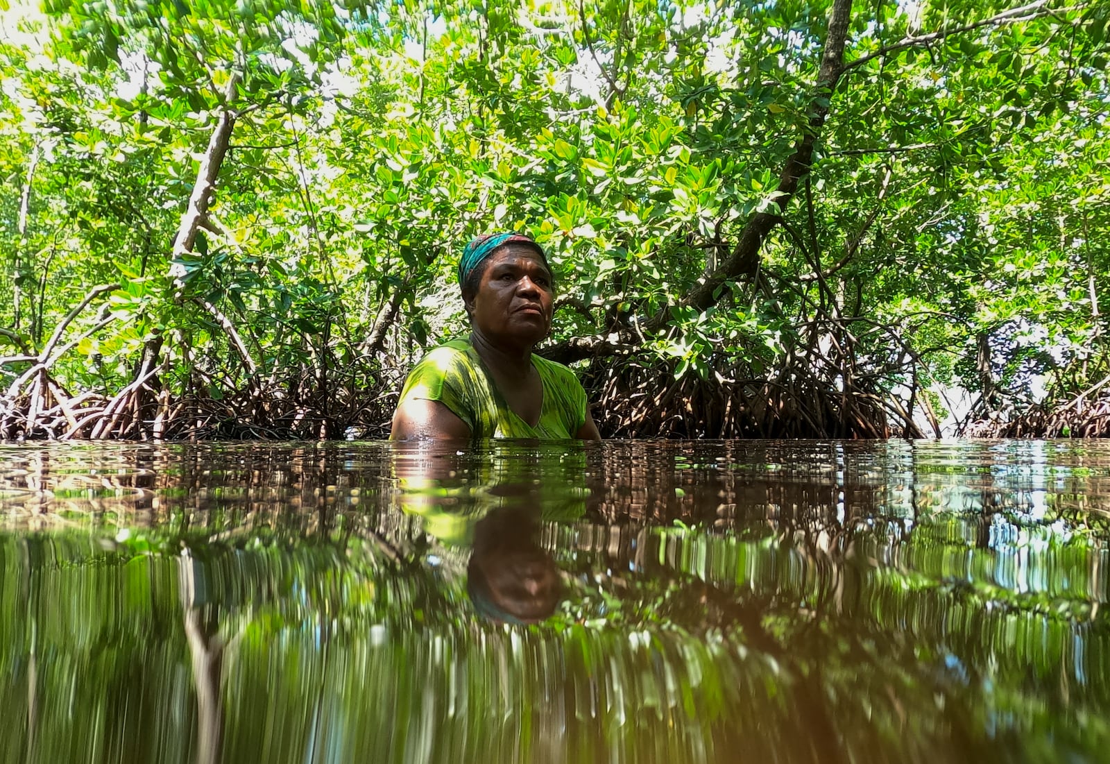 Debora Sanyi stands chest deep in water as she collects clams in a mangrove forest where only women are permitted to enter in Jayapura, Papua province, Indonesia on Wednesday, Oct. 2, 2024. (AP Photo/Firdia Lisnawati)